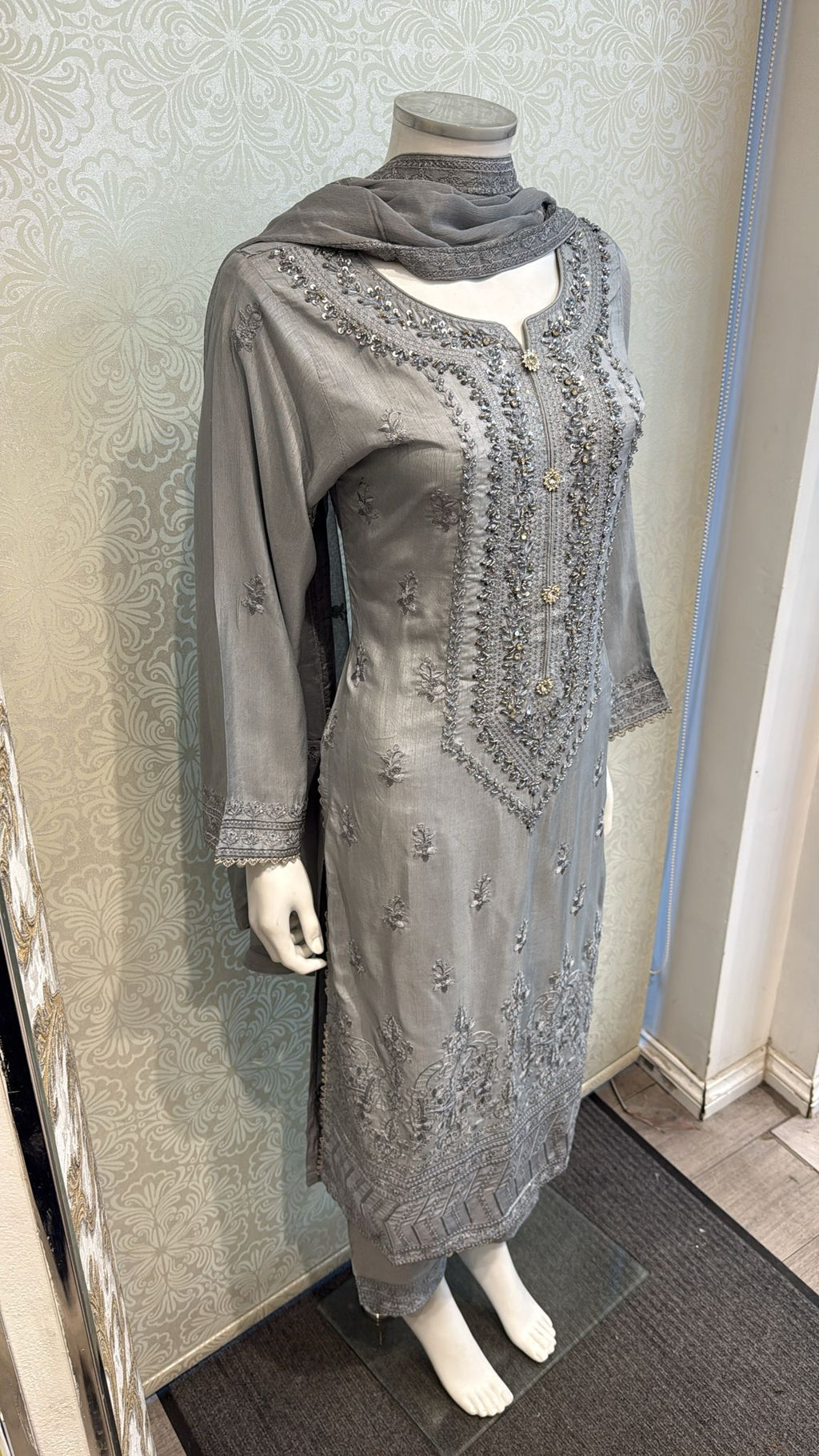 Stone Gray Korean silk with hand embellishments on neck line