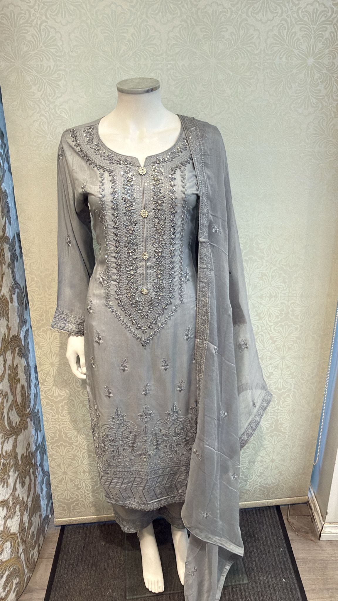 Stone Gray Korean silk with hand embellishments on neck line