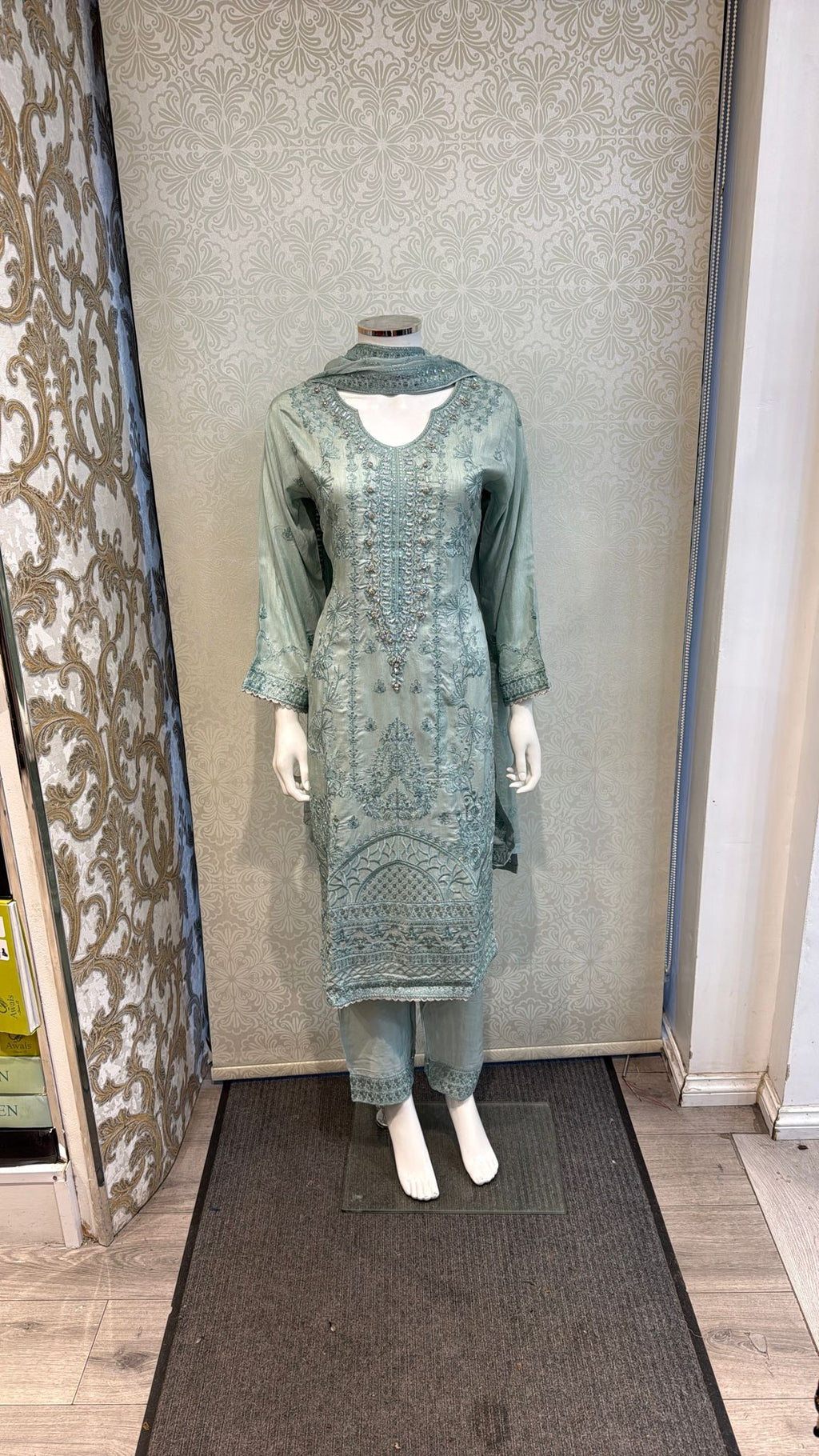 Foggy Mint Korean silk with hand embellishments on neck line