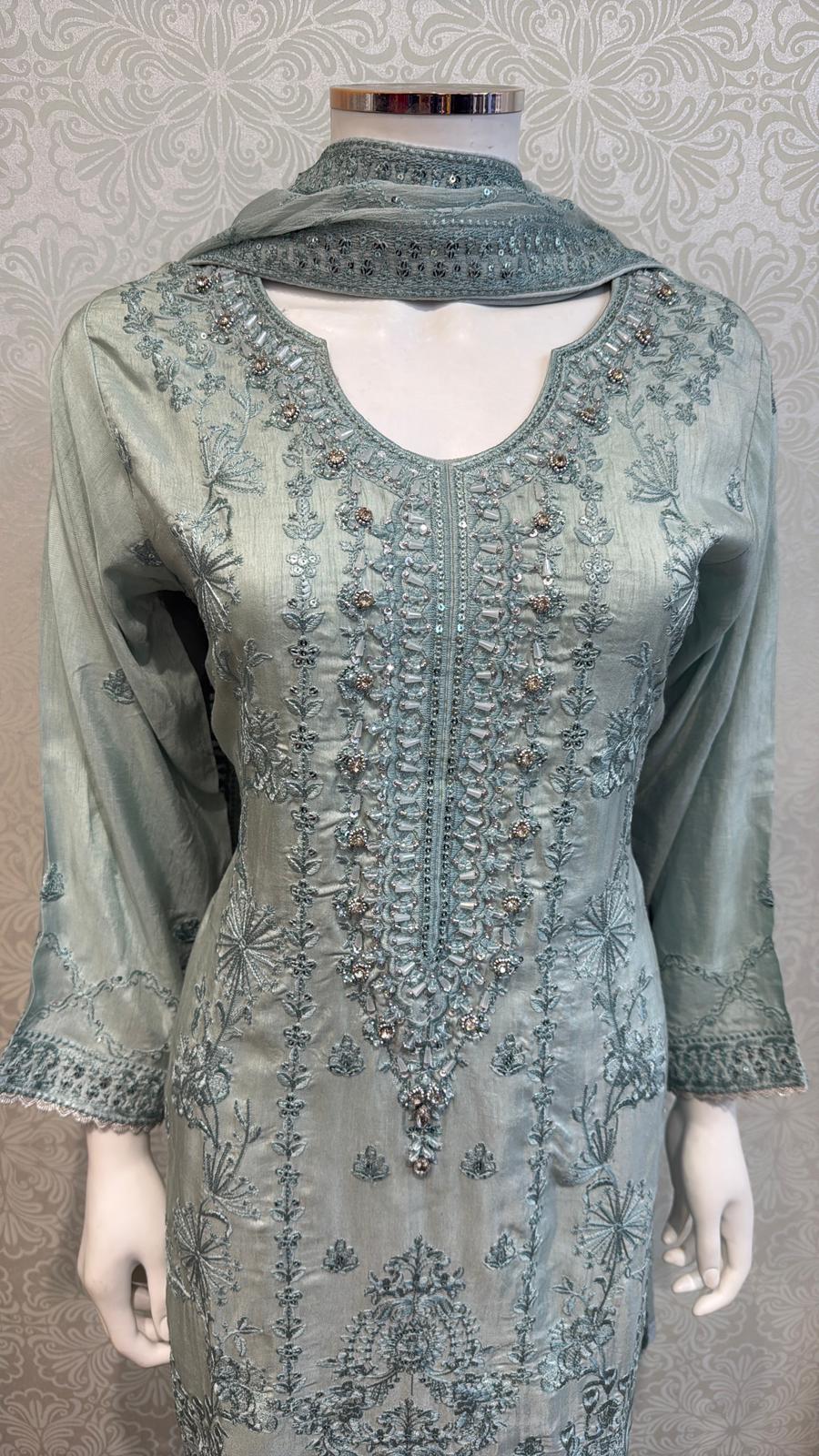 Foggy Mint Korean silk with hand embellishments on neck line