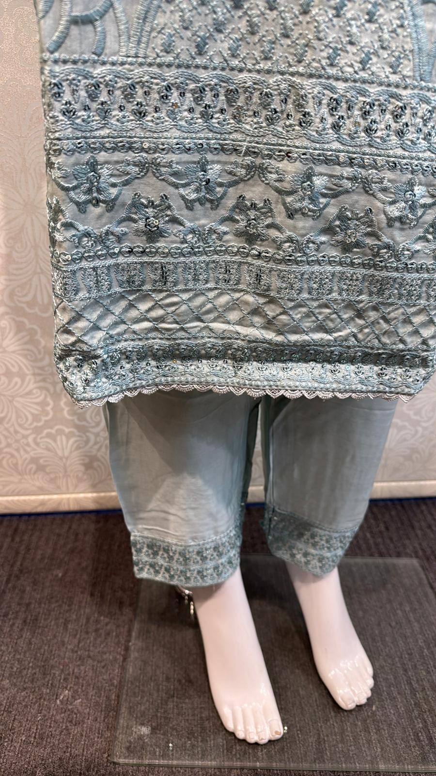 Foggy Mint Korean silk with hand embellishments on neck line