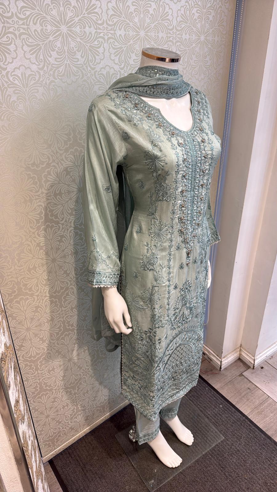 Foggy Mint Korean silk with hand embellishments on neck line