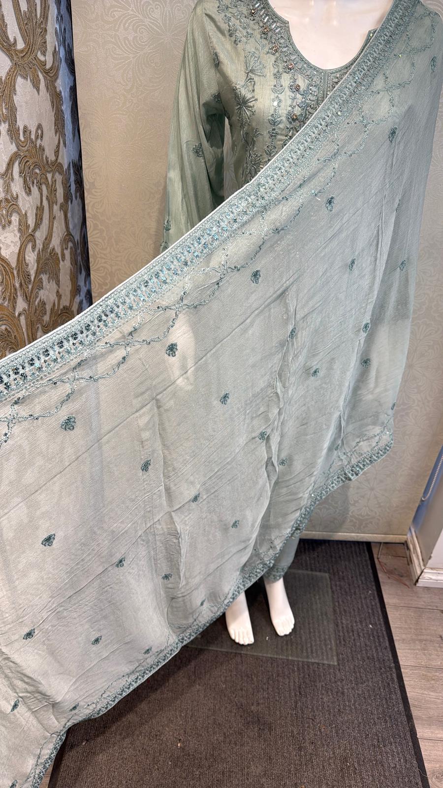 Foggy Mint Korean silk with hand embellishments on neck line