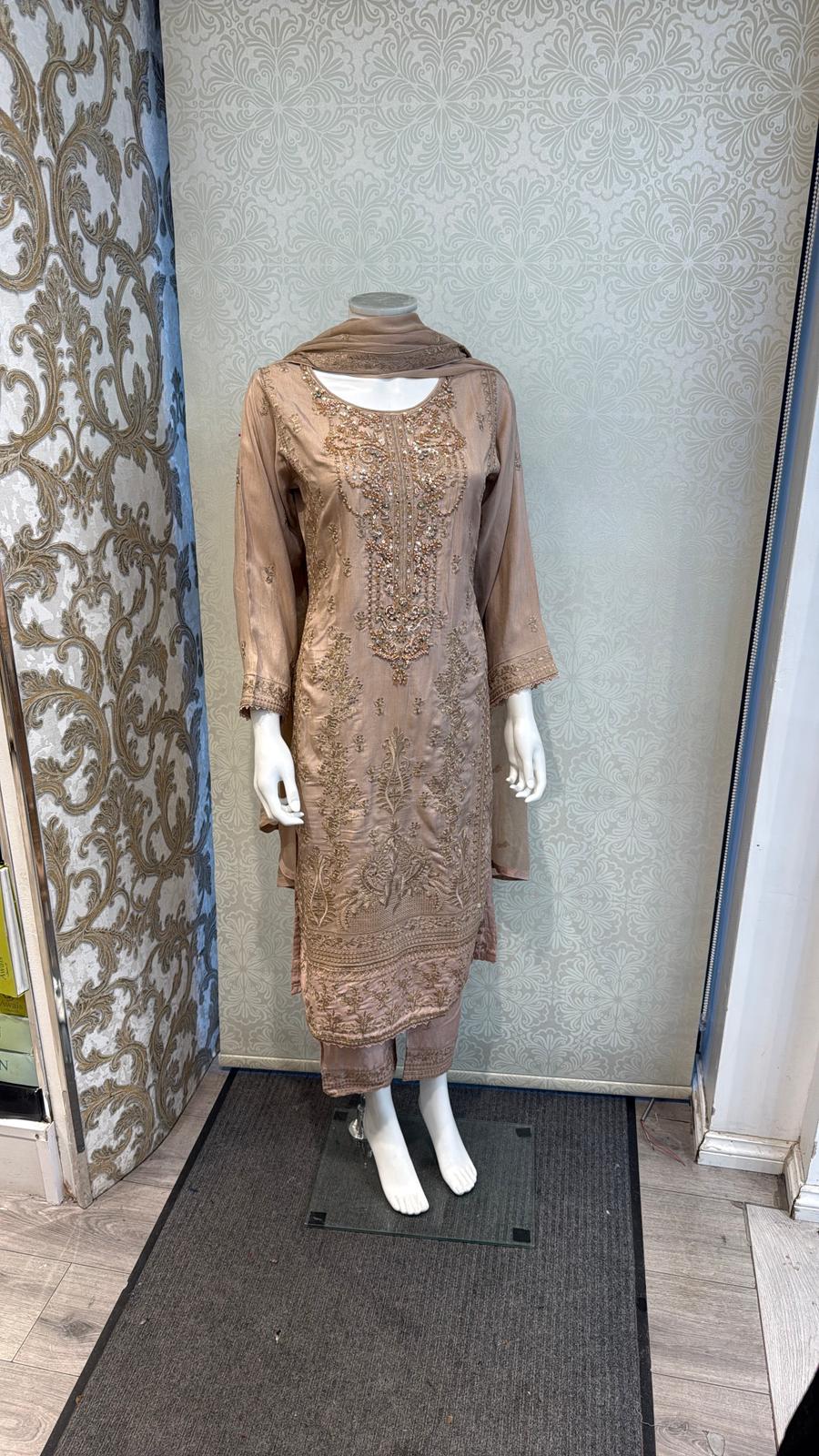 Warm Taupe Korean silk with hand embellishments on neck line