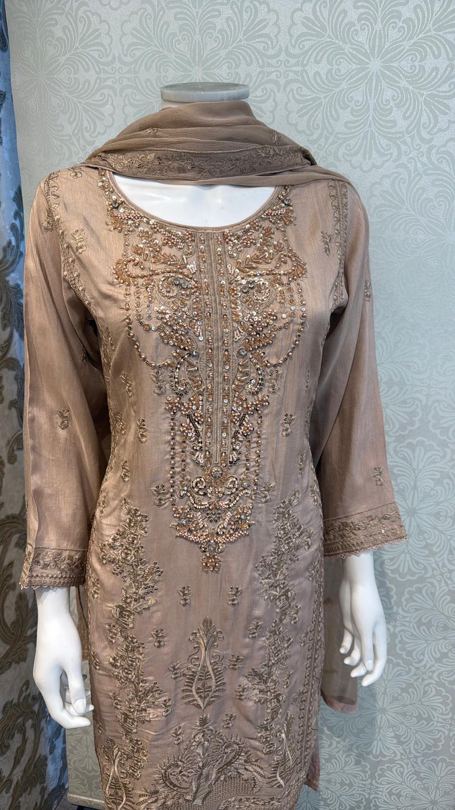 Warm Taupe Korean silk with hand embellishments on neck line