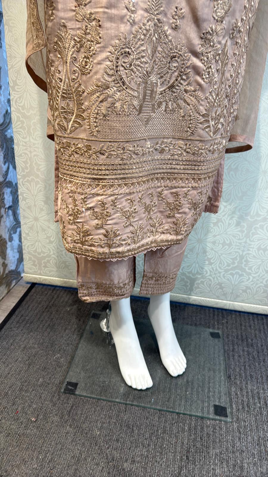 Warm Taupe Korean silk with hand embellishments on neck line