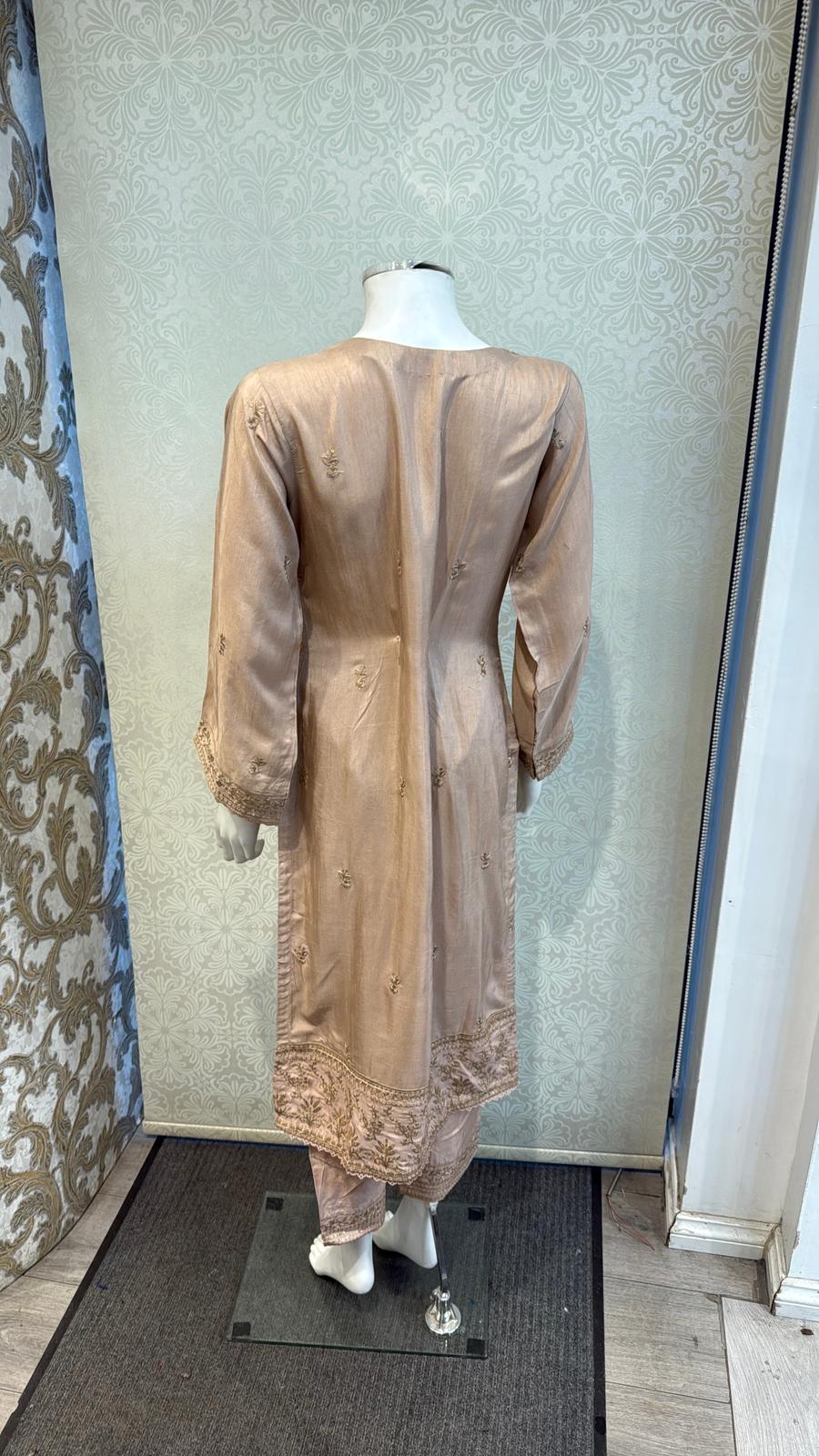 Warm Taupe Korean silk with hand embellishments on neck line