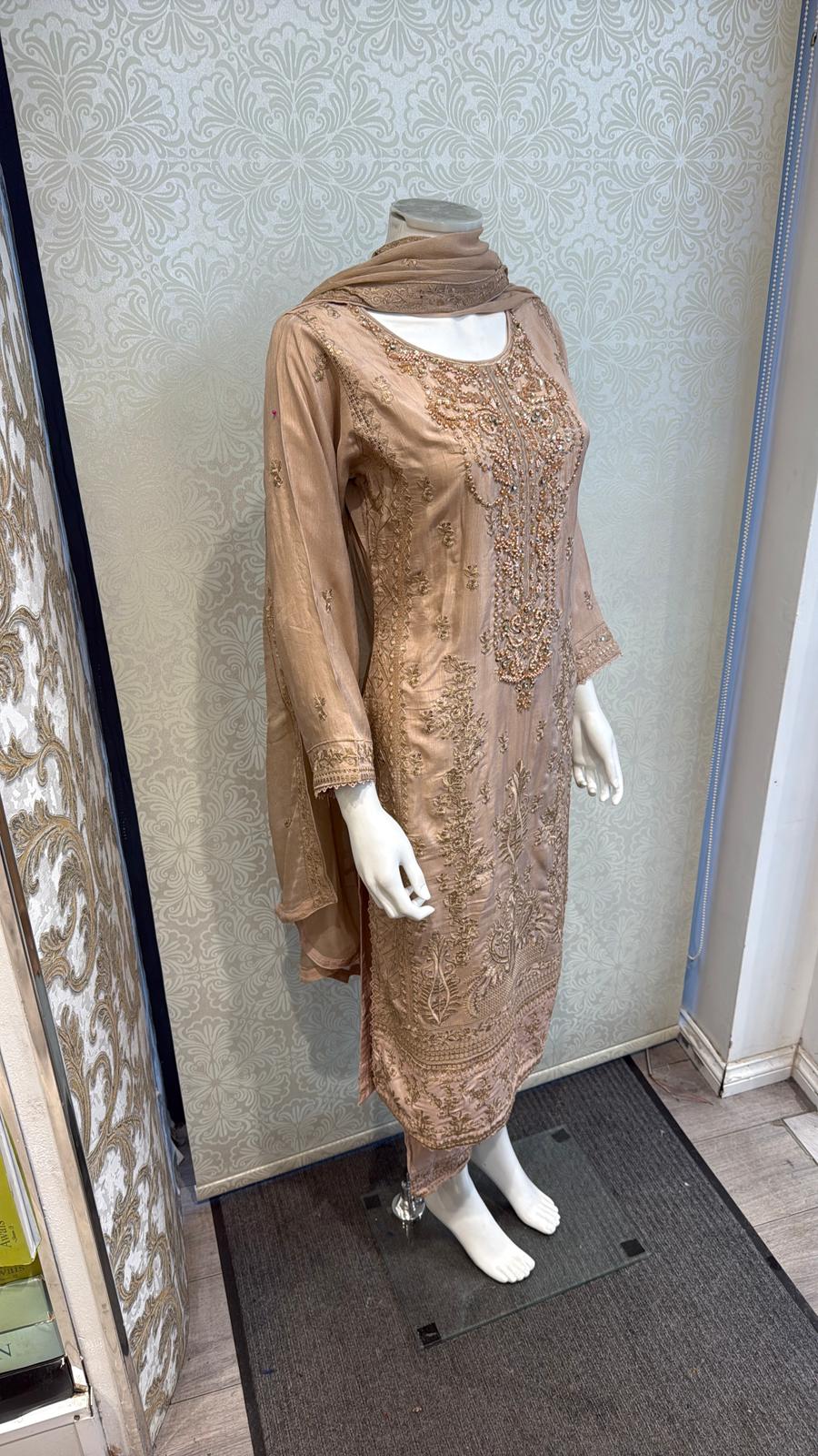 Warm Taupe Korean silk with hand embellishments on neck line