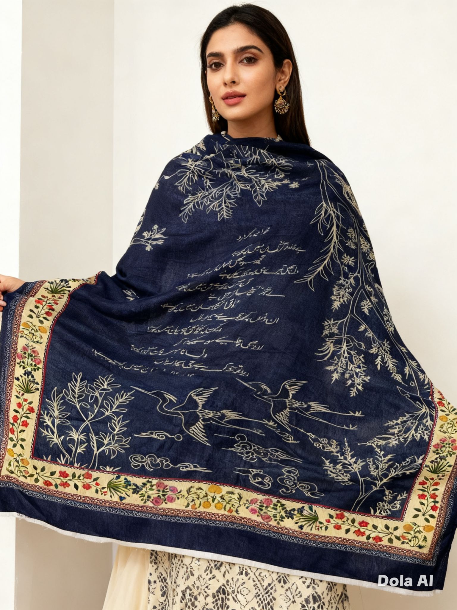 One size Urdu poetry shawls navy blue with gold writing