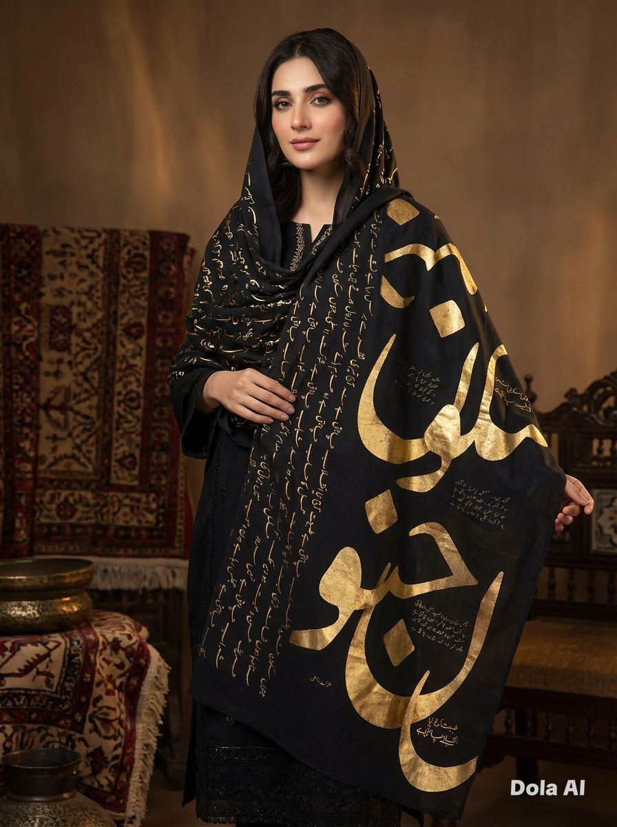 One size Urdu poetry shawls black with gold writing