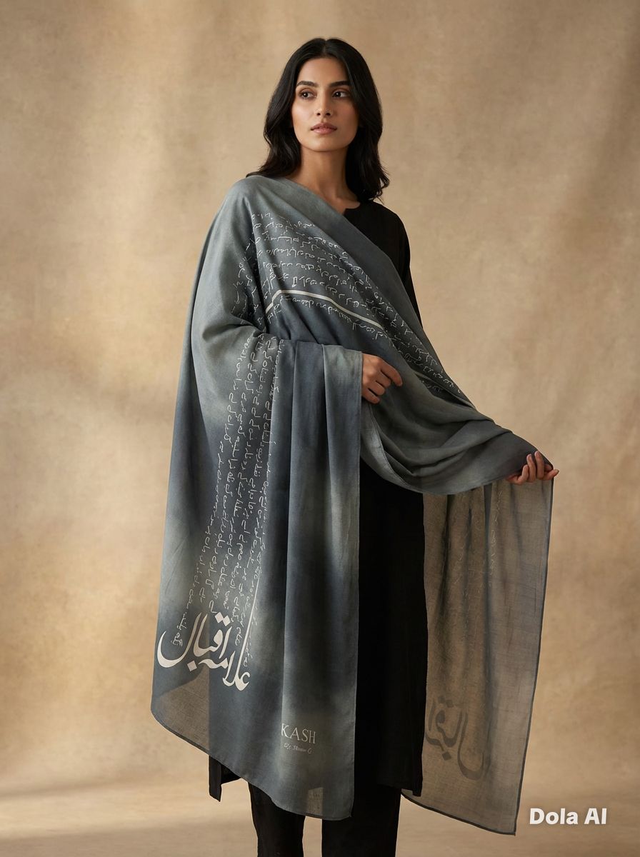 One size Urdu poetry shawls grey with gold writing