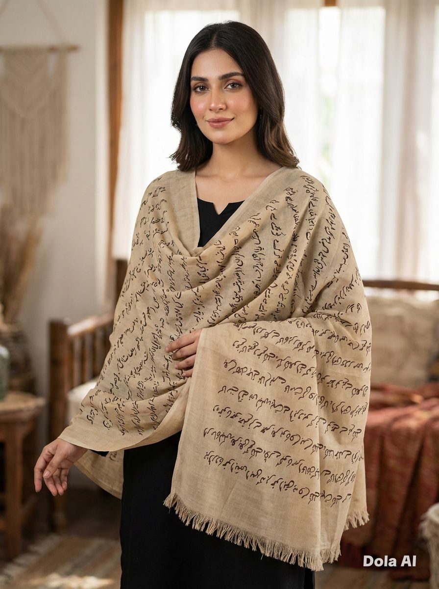 One size Urdu poetry shawls Baige with black writing