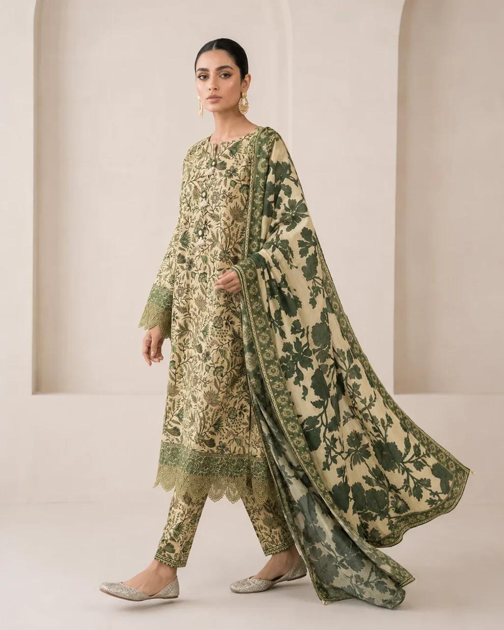 Elegant Olive Green Floral Printed 3 Piece Lawn Suit with Matching Dupatta