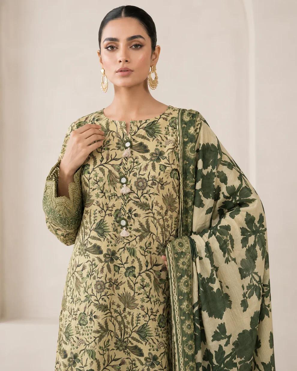 Elegant Olive Green Floral Printed 3 Piece Lawn Suit with Matching Dupatta