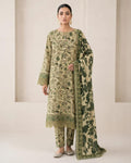 Elegant Olive Green Floral Printed 3 Piece Lawn Suit with Matching Dupatta
