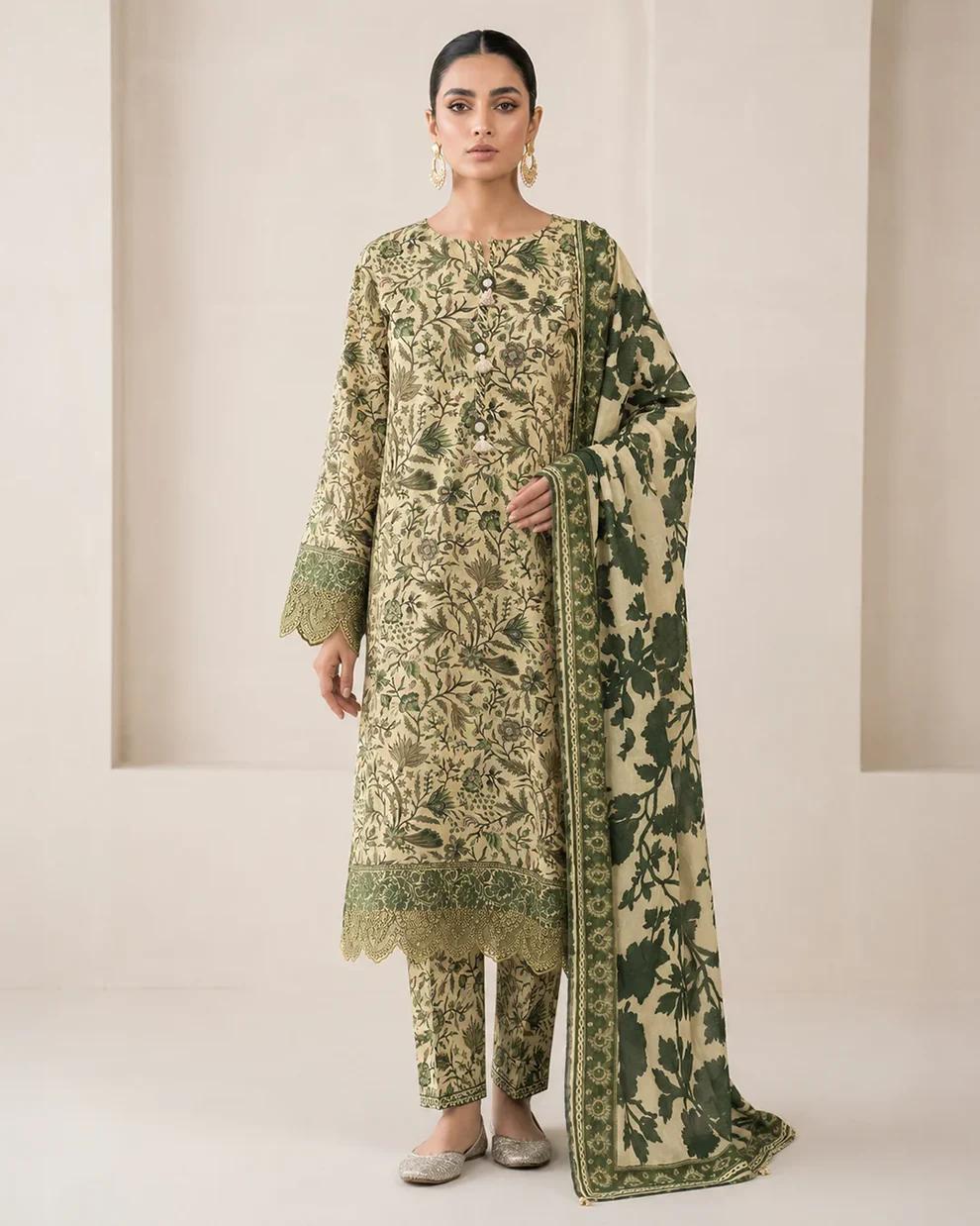 Elegant Olive Green Floral Printed 3 Piece Lawn Suit with Matching Dupatta