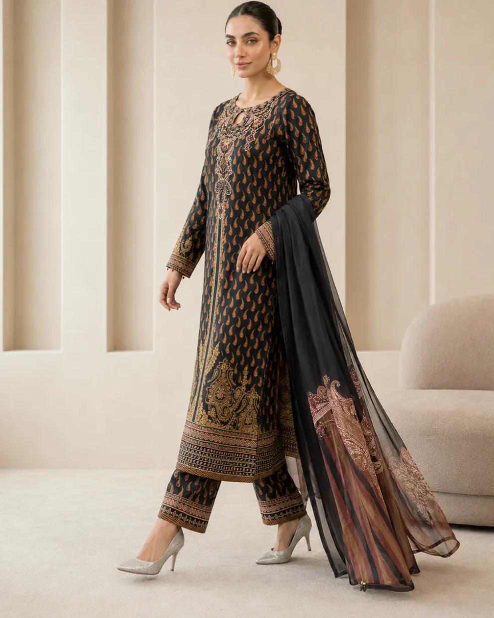 Elegant Black Paisley Printed 3 Piece Suit with Chiffon Dupatta