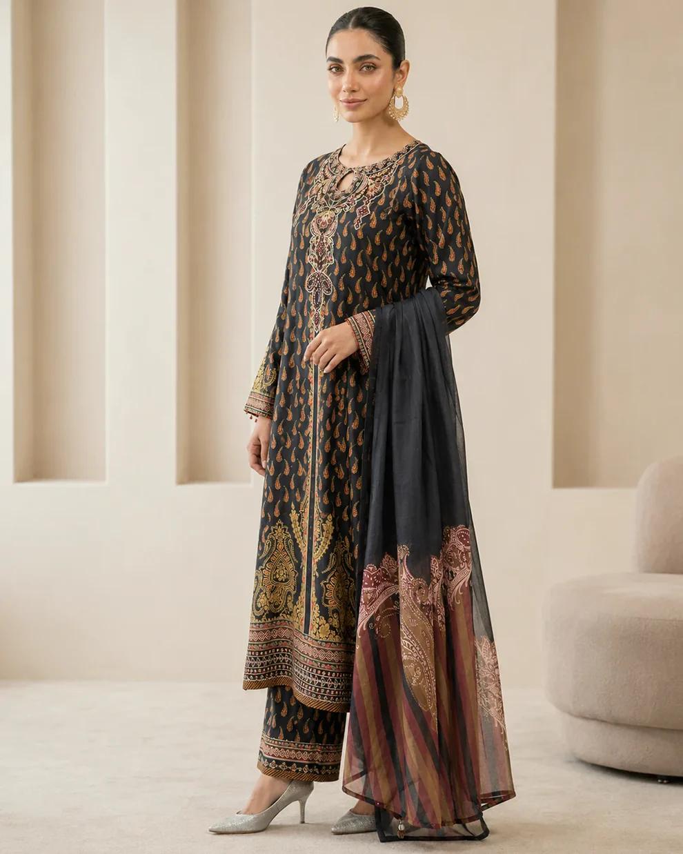 Elegant Black Paisley Printed 3 Piece Suit with Chiffon Dupatta