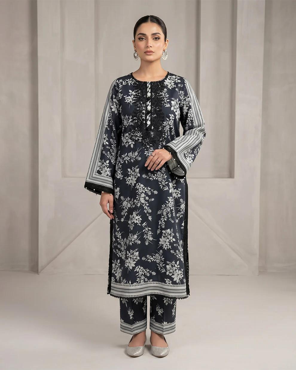 Elegant Black & White Floral Printed 3 Piece Suit