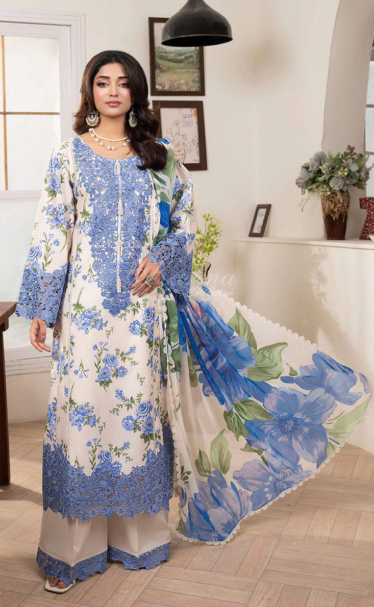 Bluebell Ivory Embroidered Lawn Suit with Floral Printed Dupatta & Farshi Shalwar