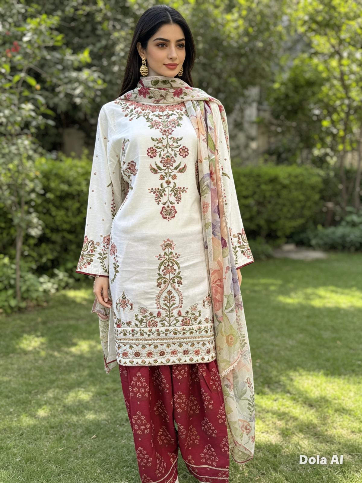 Ivory Blossom Embroidered Lawn Suit with Silk Dupatta & Farshi Shalwar