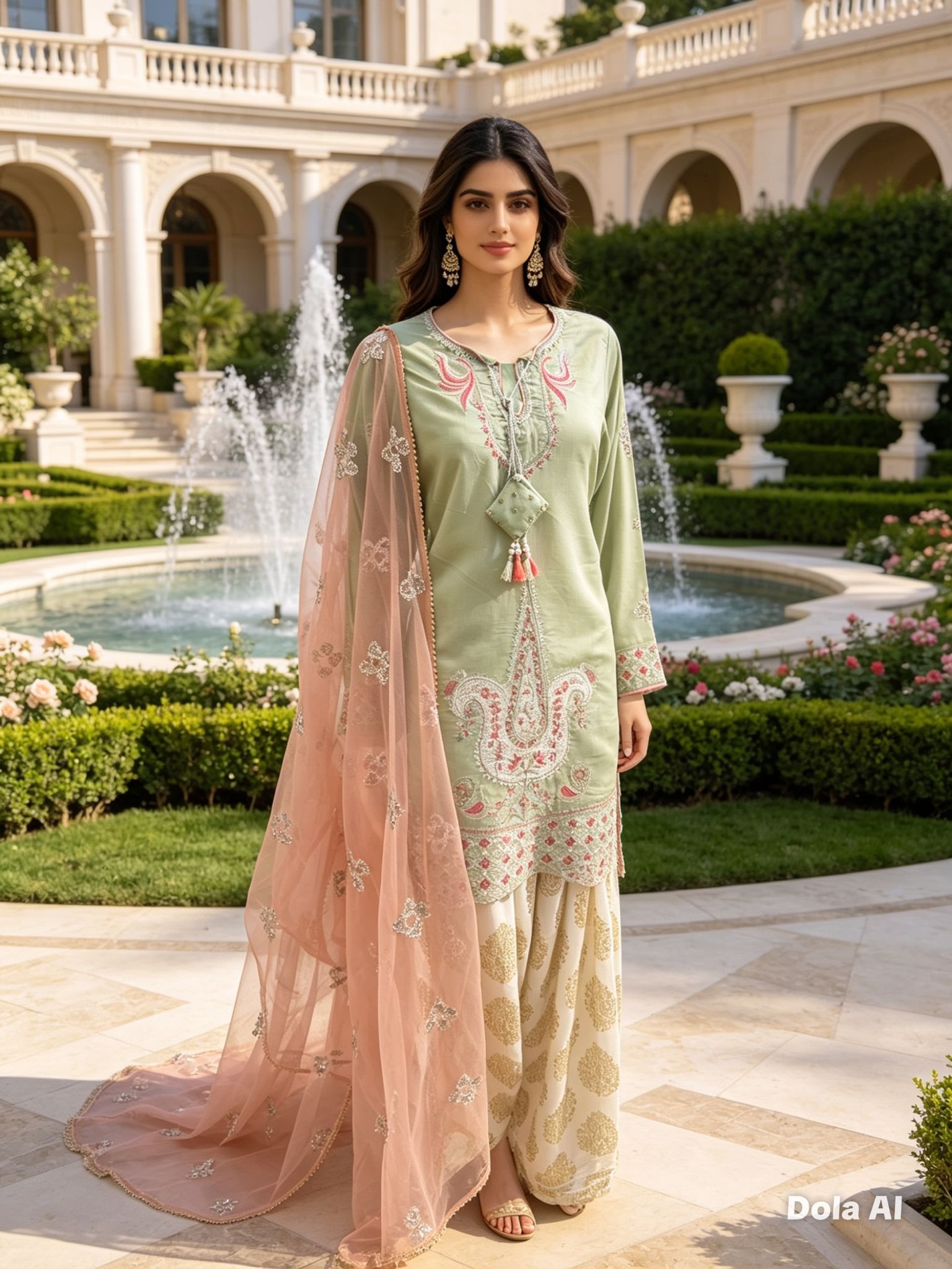 Elegant Sage Green Embroidered 3 Piece Suit
