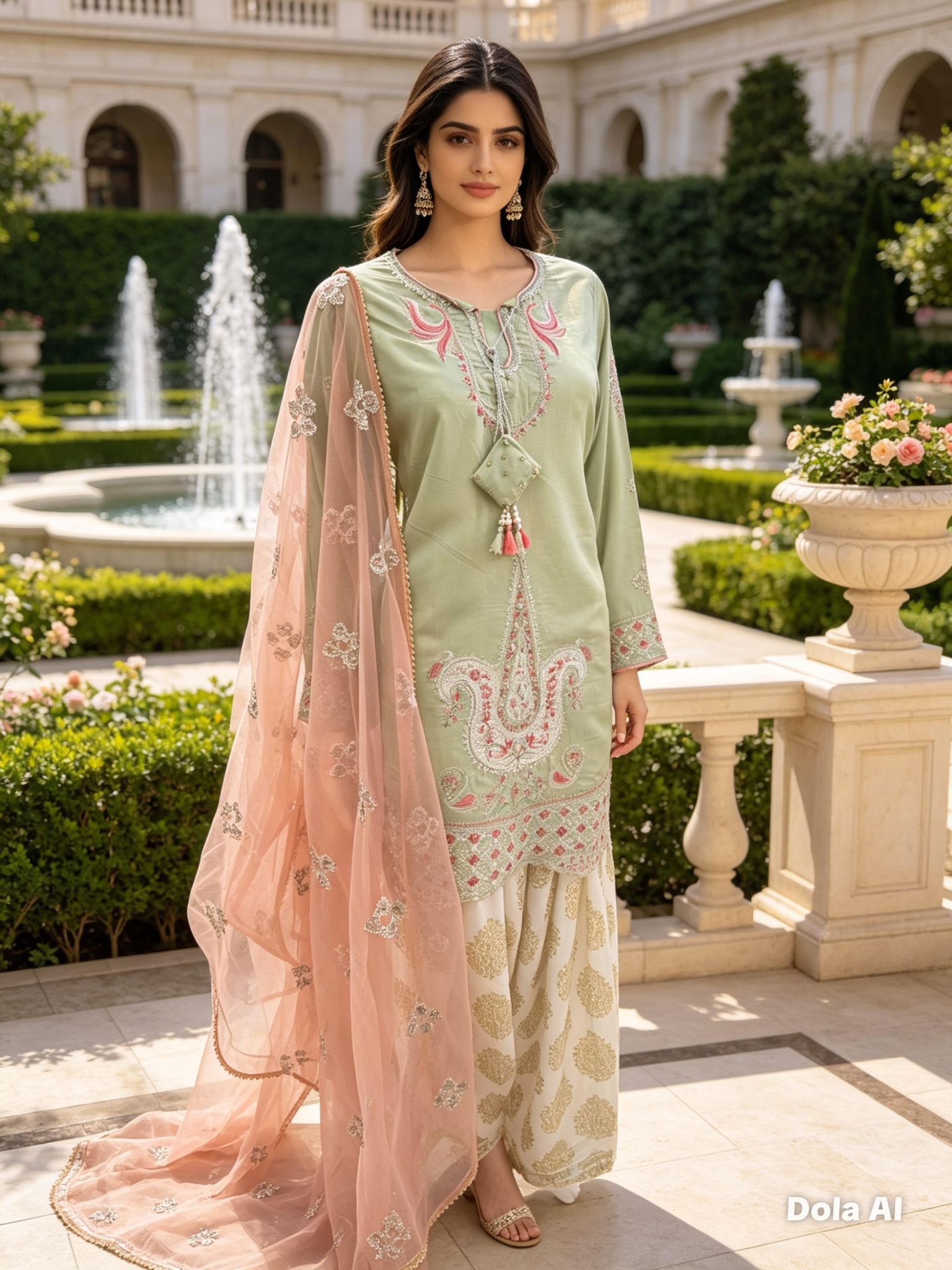 Elegant Sage Green Embroidered 3 Piece Suit