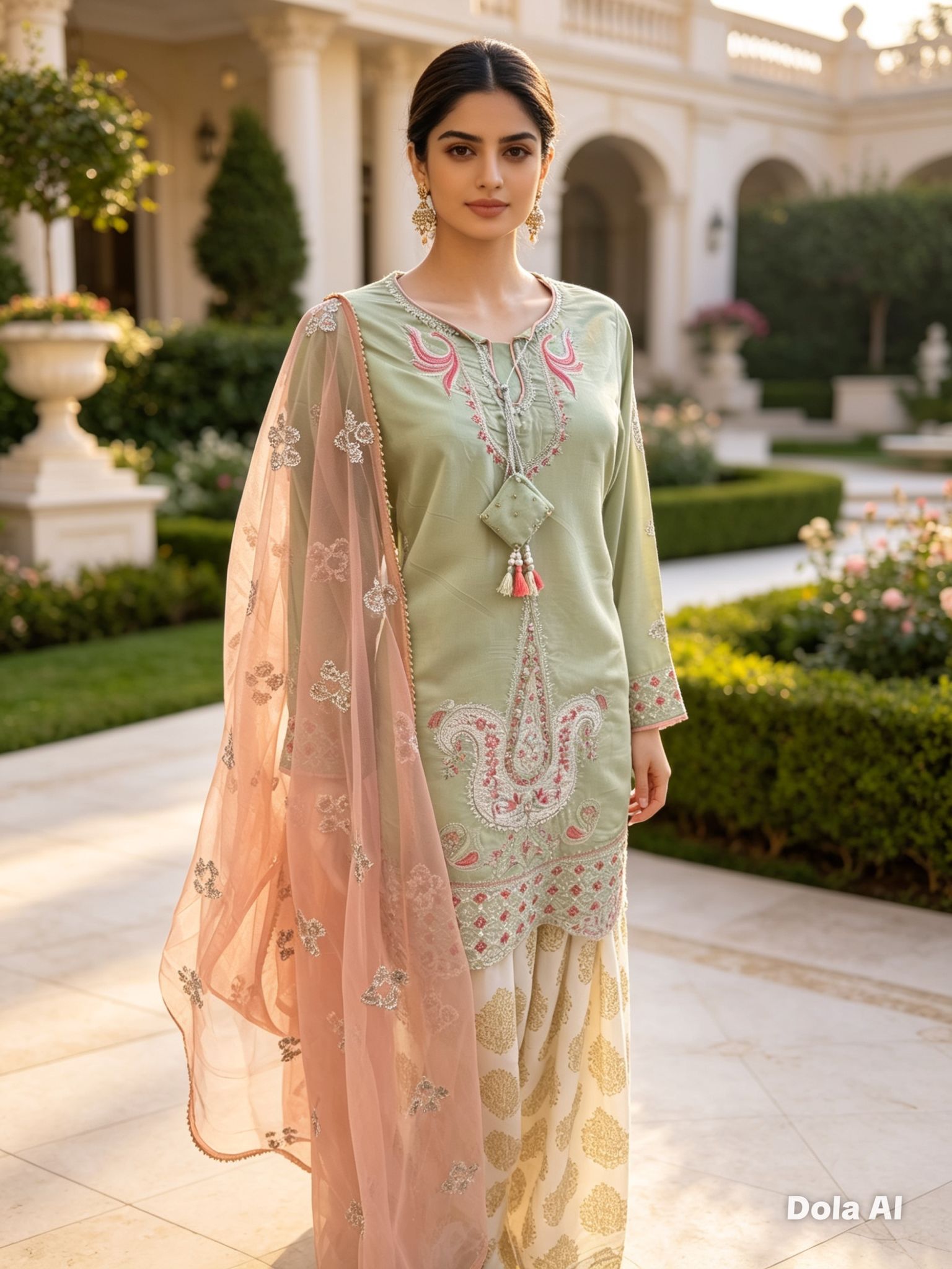 Elegant Sage Green Embroidered 3 Piece Suit