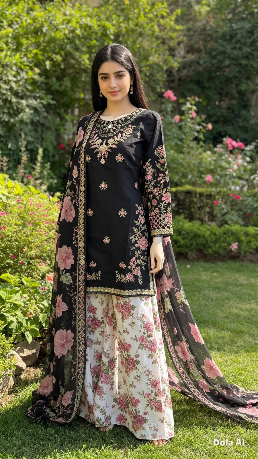 Luxury Black outfit with Floral Trouser