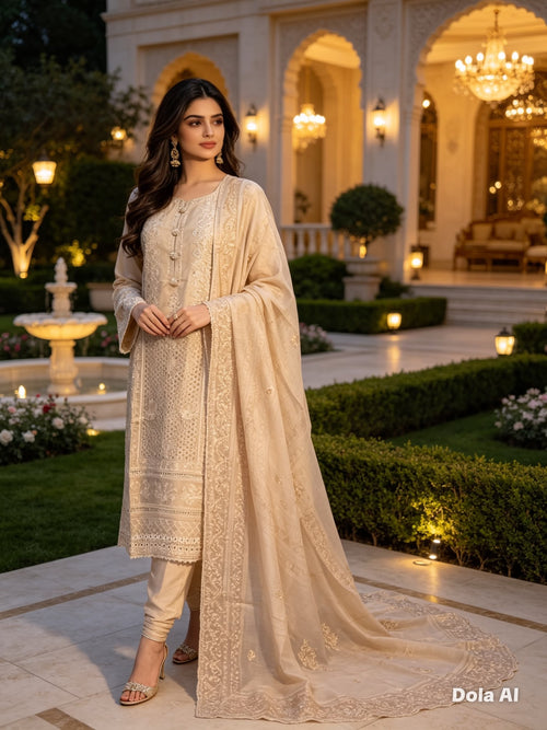 Ivory Grace Embroidered Cotton Suit with Matching Dupatta