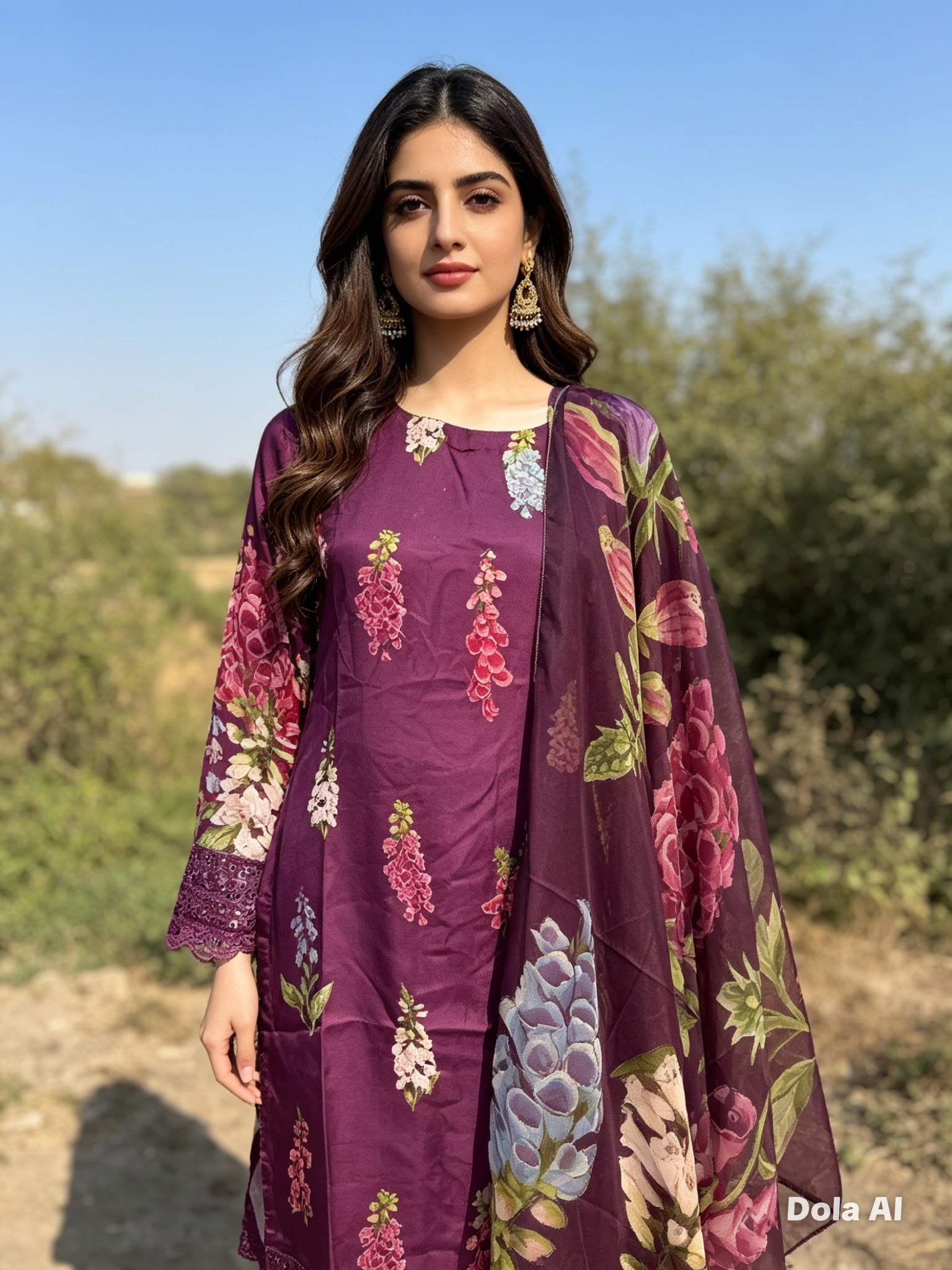Premium Plum Silk 3-Piece Floral Shalwar Kameez