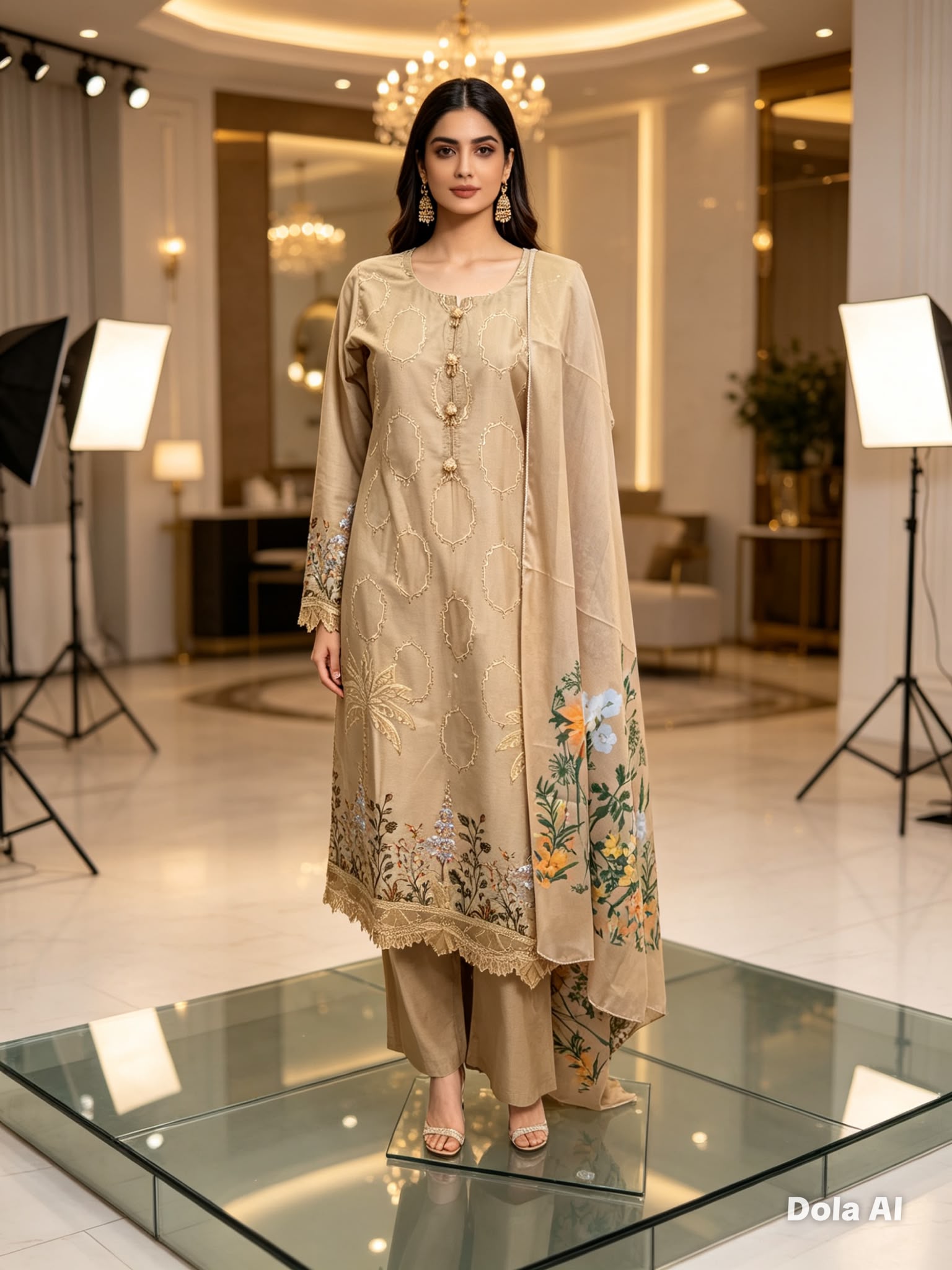 Sand Beige Embroidered Coton Suit with Printed Floral Dupatta
