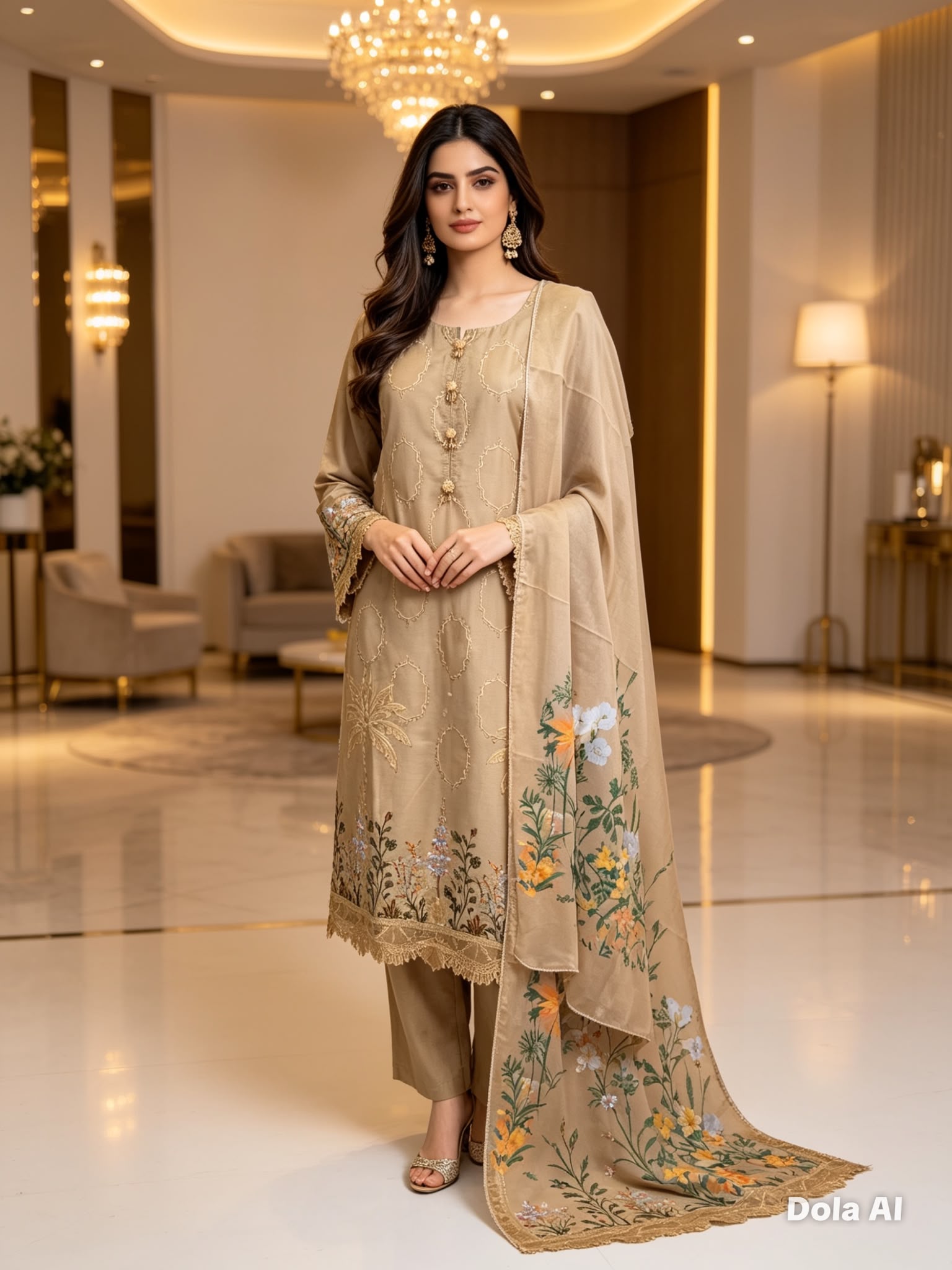 Sand Beige Embroidered Coton Suit with Printed Floral Dupatta