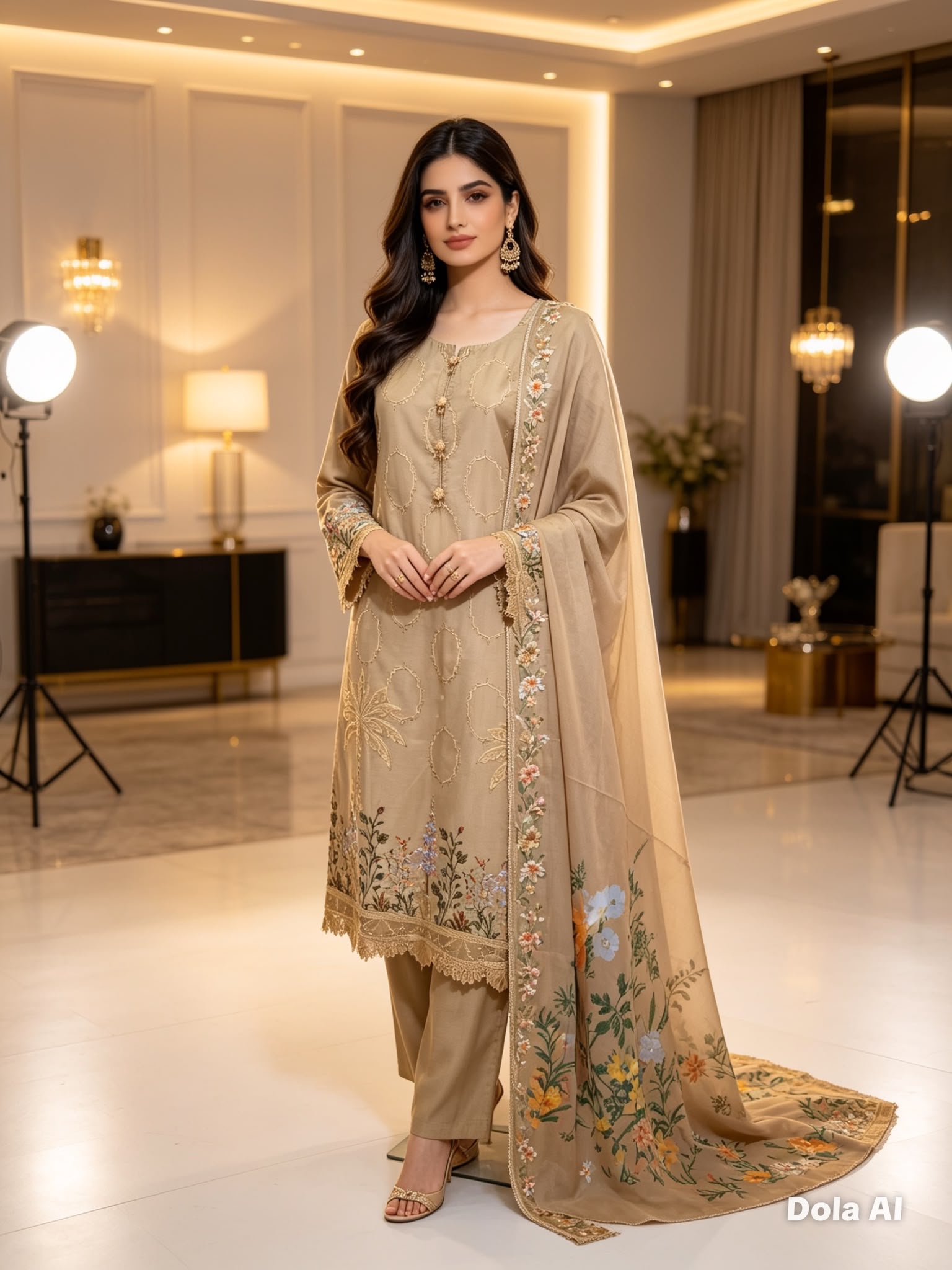 Sand Beige Embroidered Coton Suit with Printed Floral Dupatta