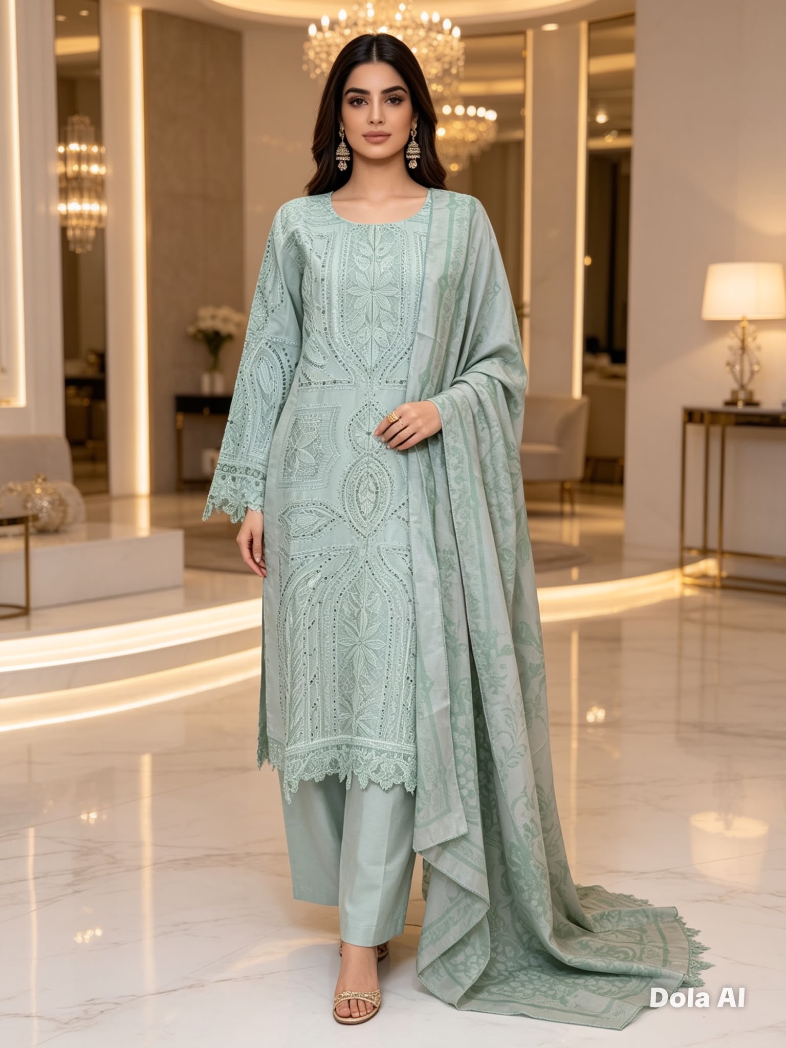 Mint Green Embroidered Cotton Suit with Printed Dupatta