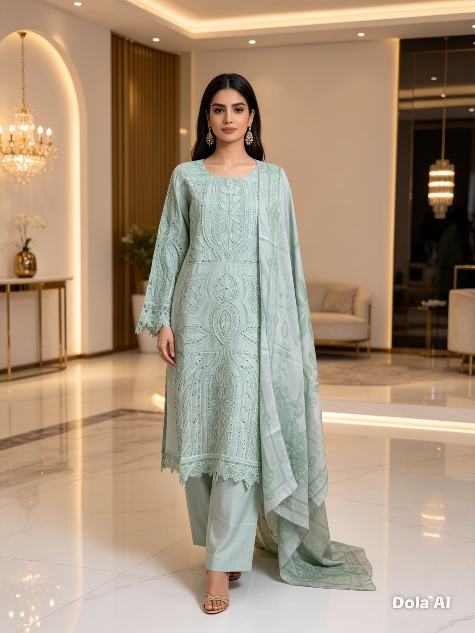 Mint Green Embroidered Cotton Suit with Printed Dupatta
