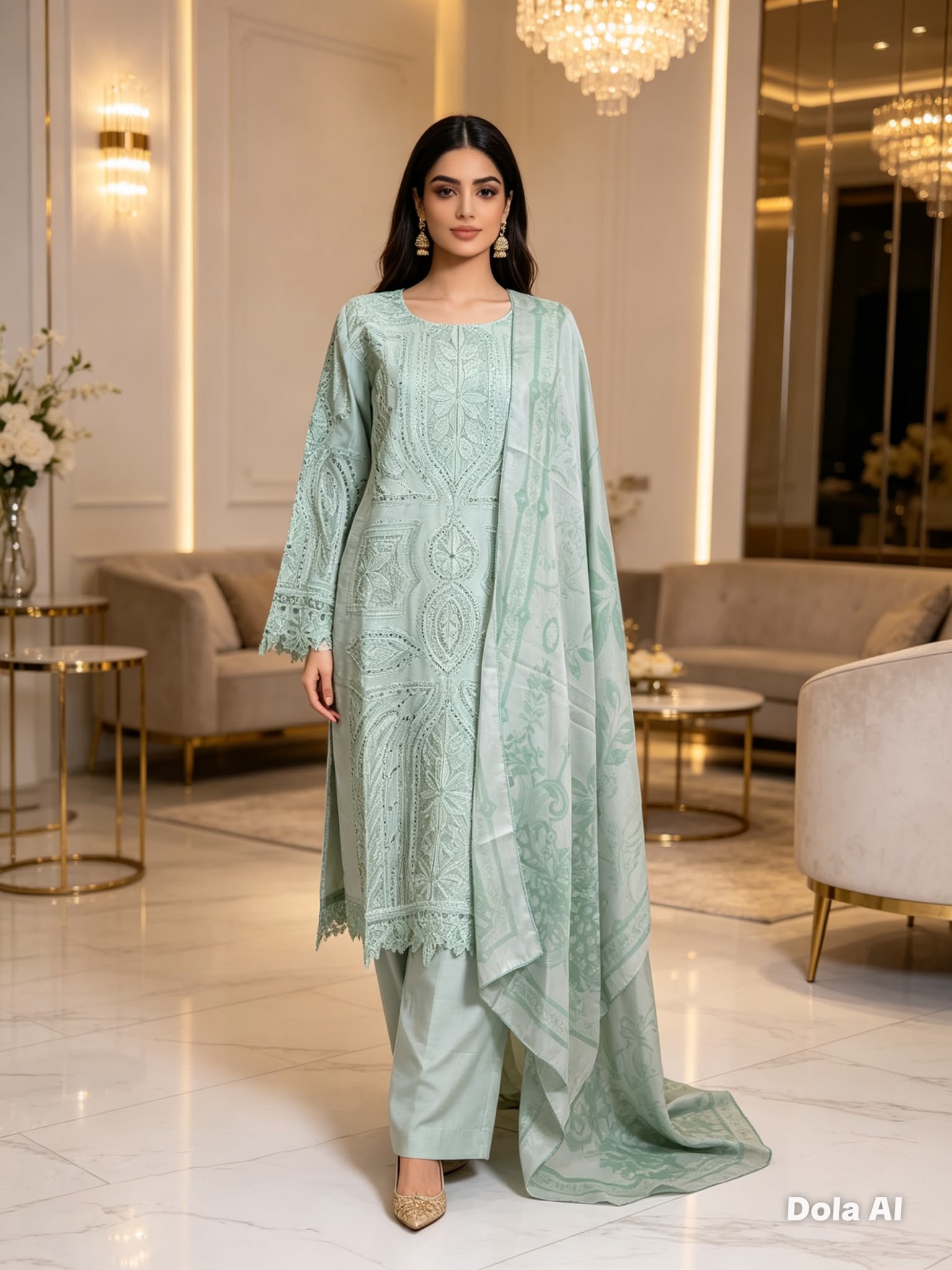 Mint Green Embroidered Cotton Suit with Printed Dupatta