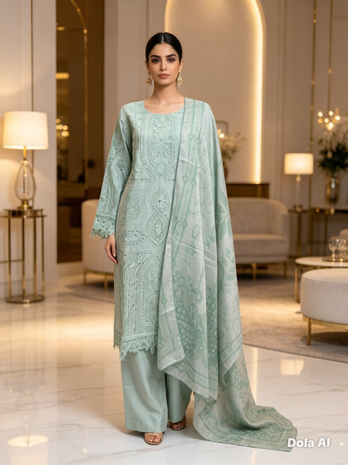 Mint Green Embroidered Cotton Suit with Printed Dupatta