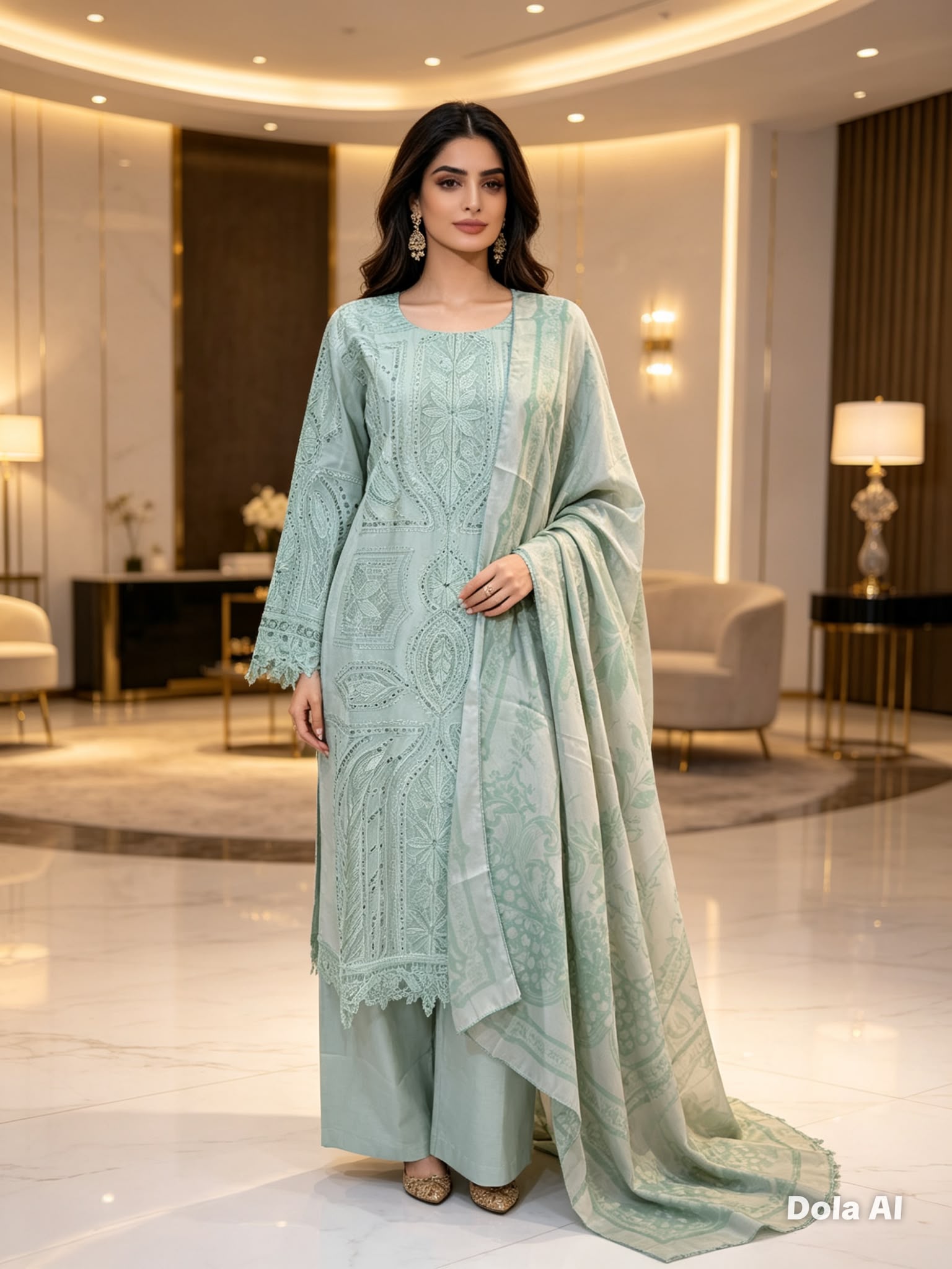 Mint Green Embroidered Cotton Suit with Printed Dupatta
