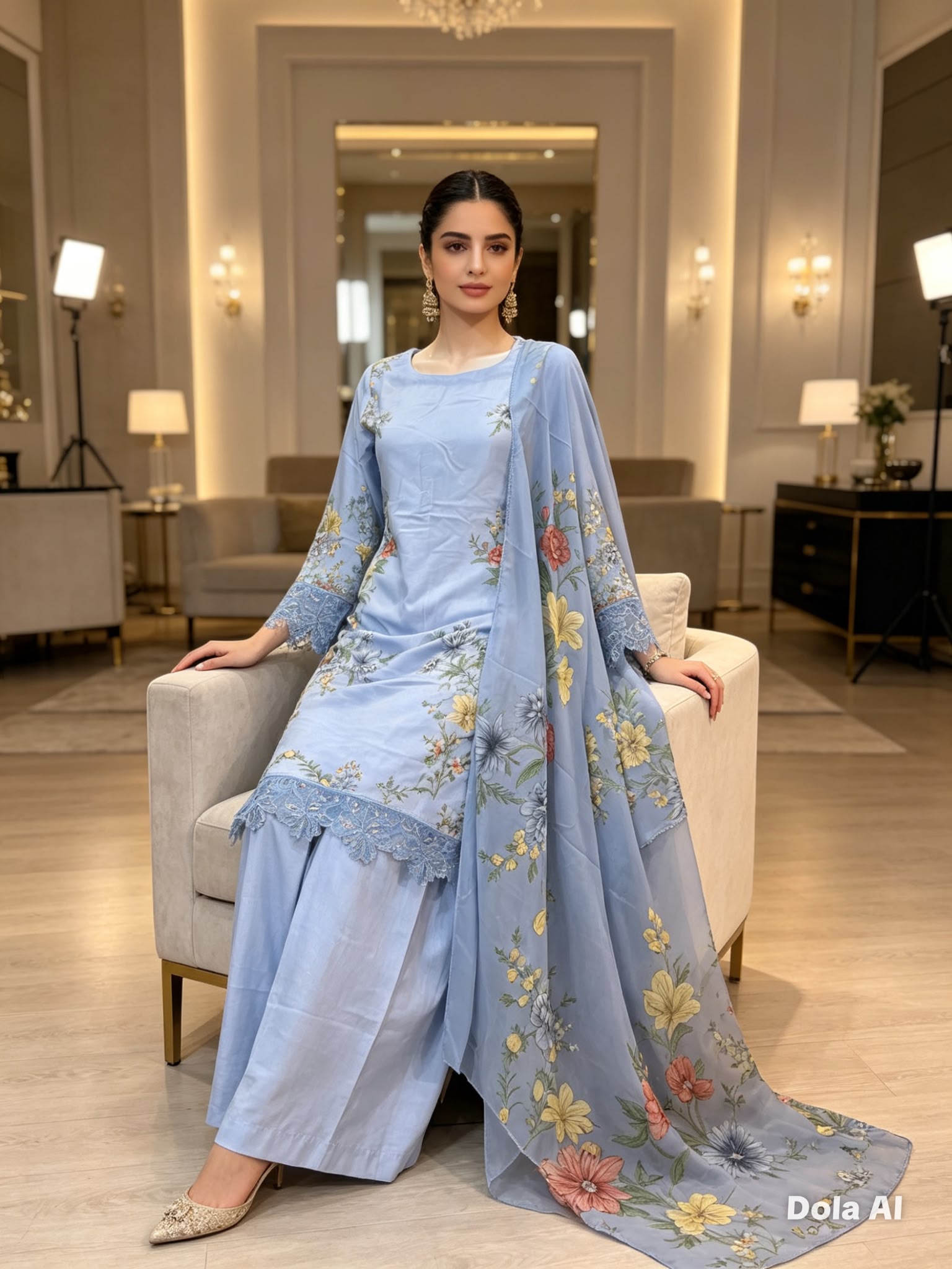 Sky Blossom Printed Cotton Suit with Floral Dupatta & Wide-Leg Trouser