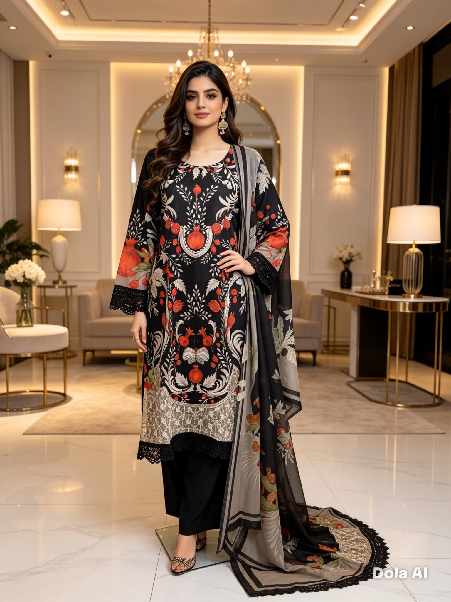 Midnight Black Printed Cotton Suit with Floral Dupatta