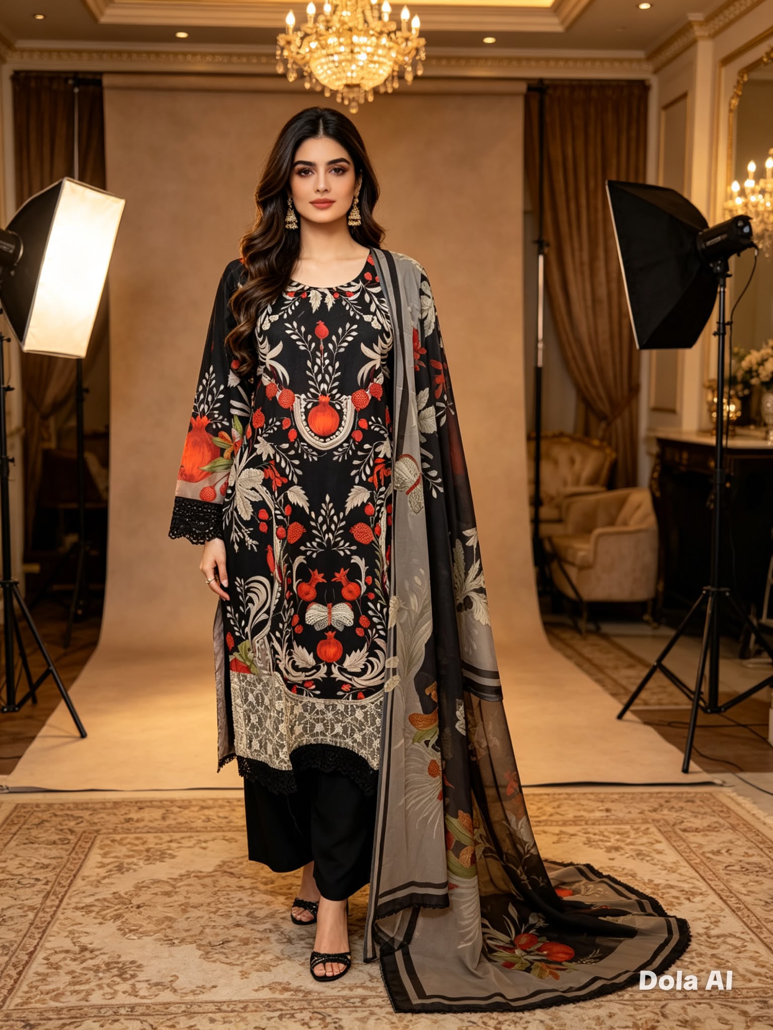 Midnight Black Printed Cotton Suit with Floral Dupatta