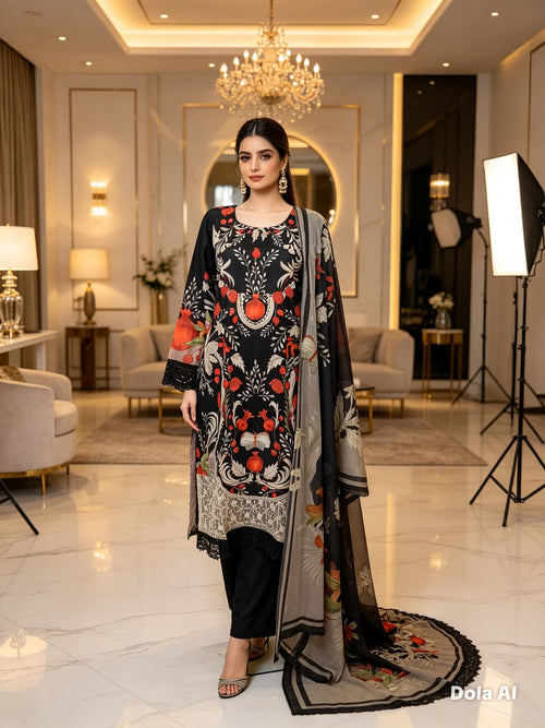 Midnight Black Printed Cotton Suit with Floral Dupatta