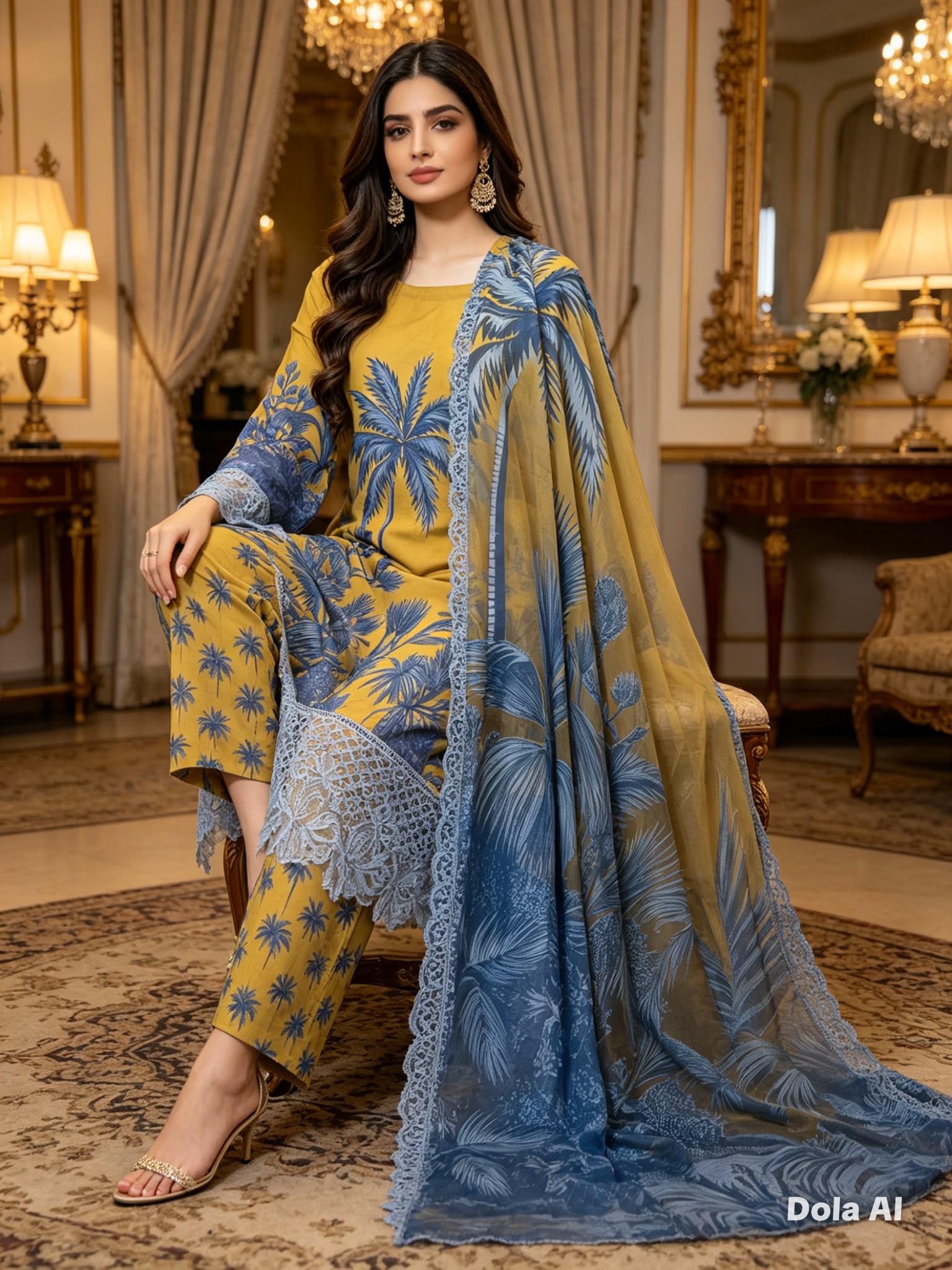 Mustard Yellow Printed Cotton Suit with Tropical Blue Dupatta