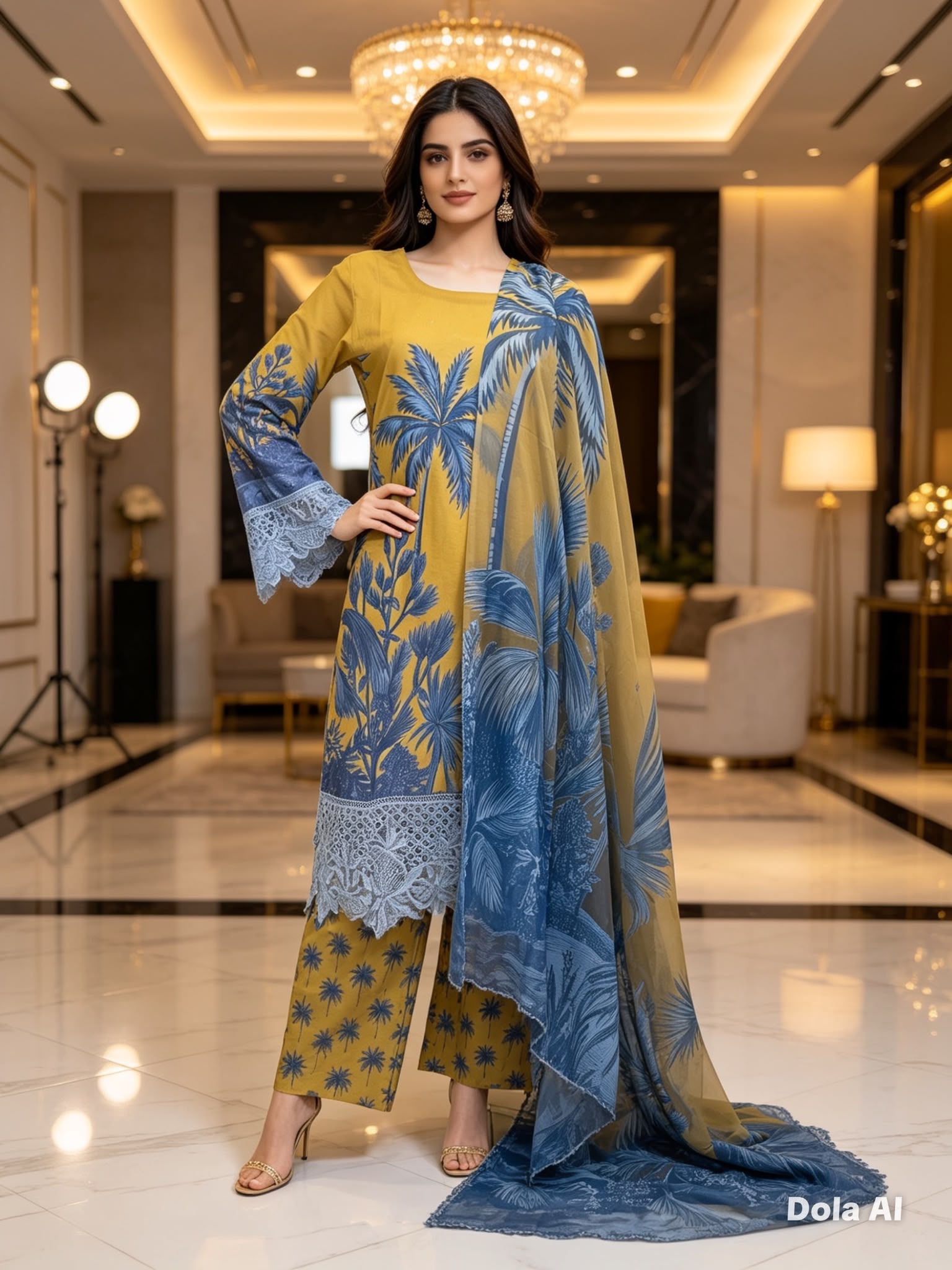 Mustard Yellow Printed Cotton Suit with Tropical Blue Dupatta