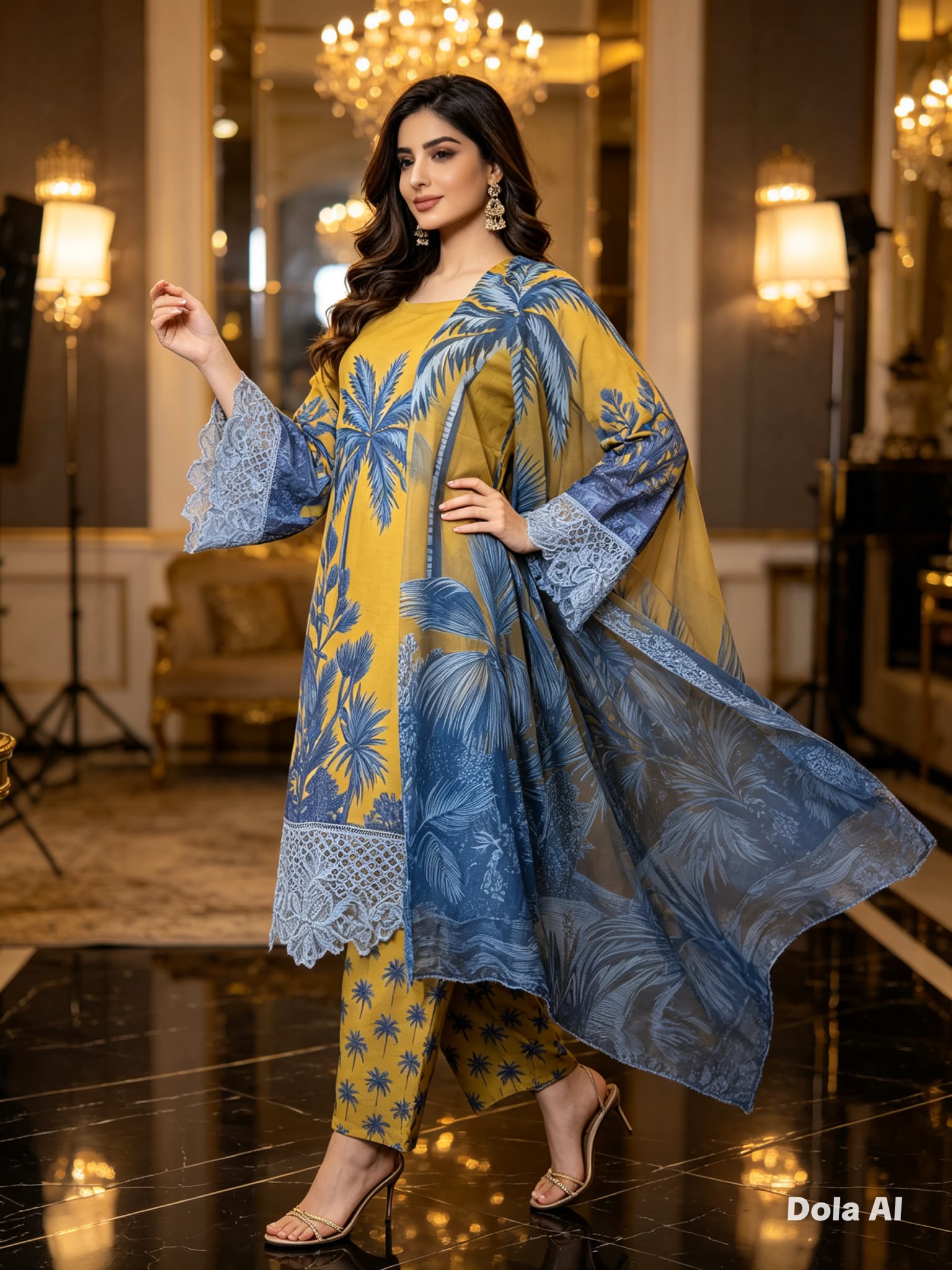 Mustard Yellow Printed Cotton Suit with Tropical Blue Dupatta