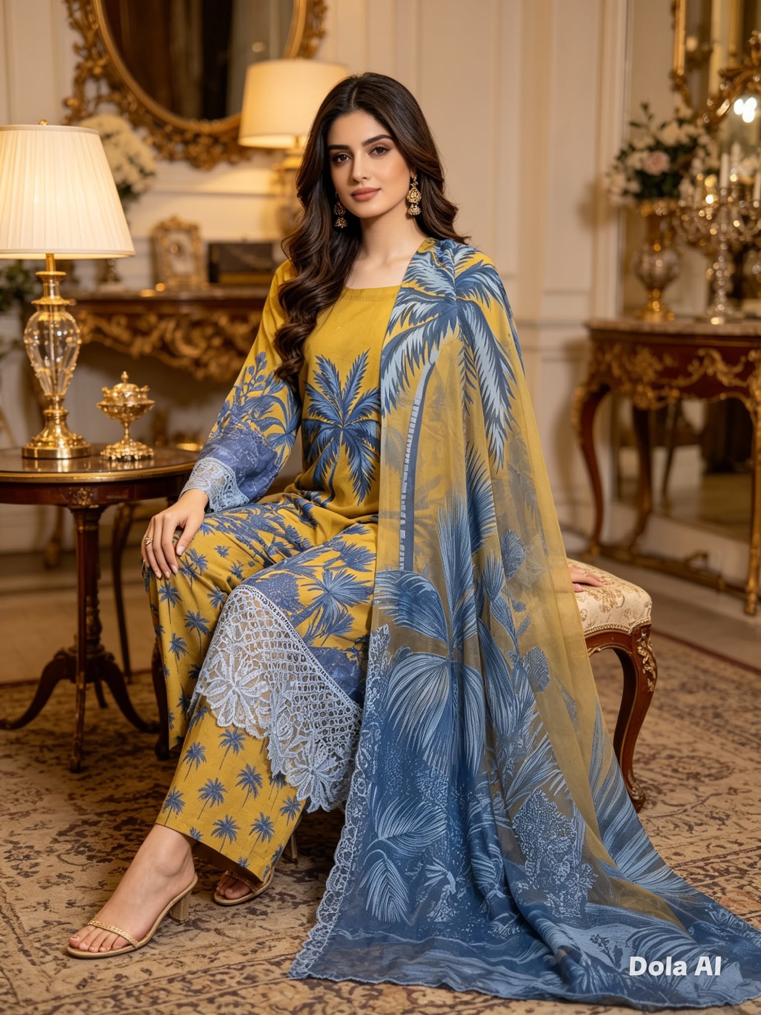 Mustard Yellow Printed Cotton Suit with Tropical Blue Dupatta