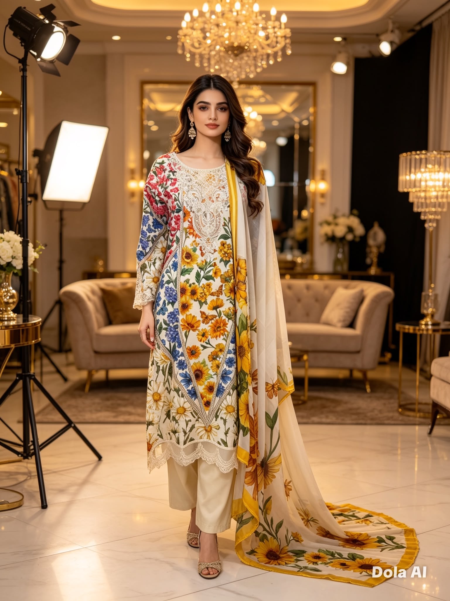 Sunflower Bloom Printed Cotton Suit with Embroidered Neck & Floral Dupatta