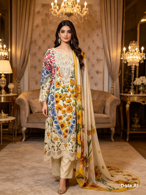 Sunflower Bloom Printed Cotton Suit with Embroidered Neck & Floral Dupatta