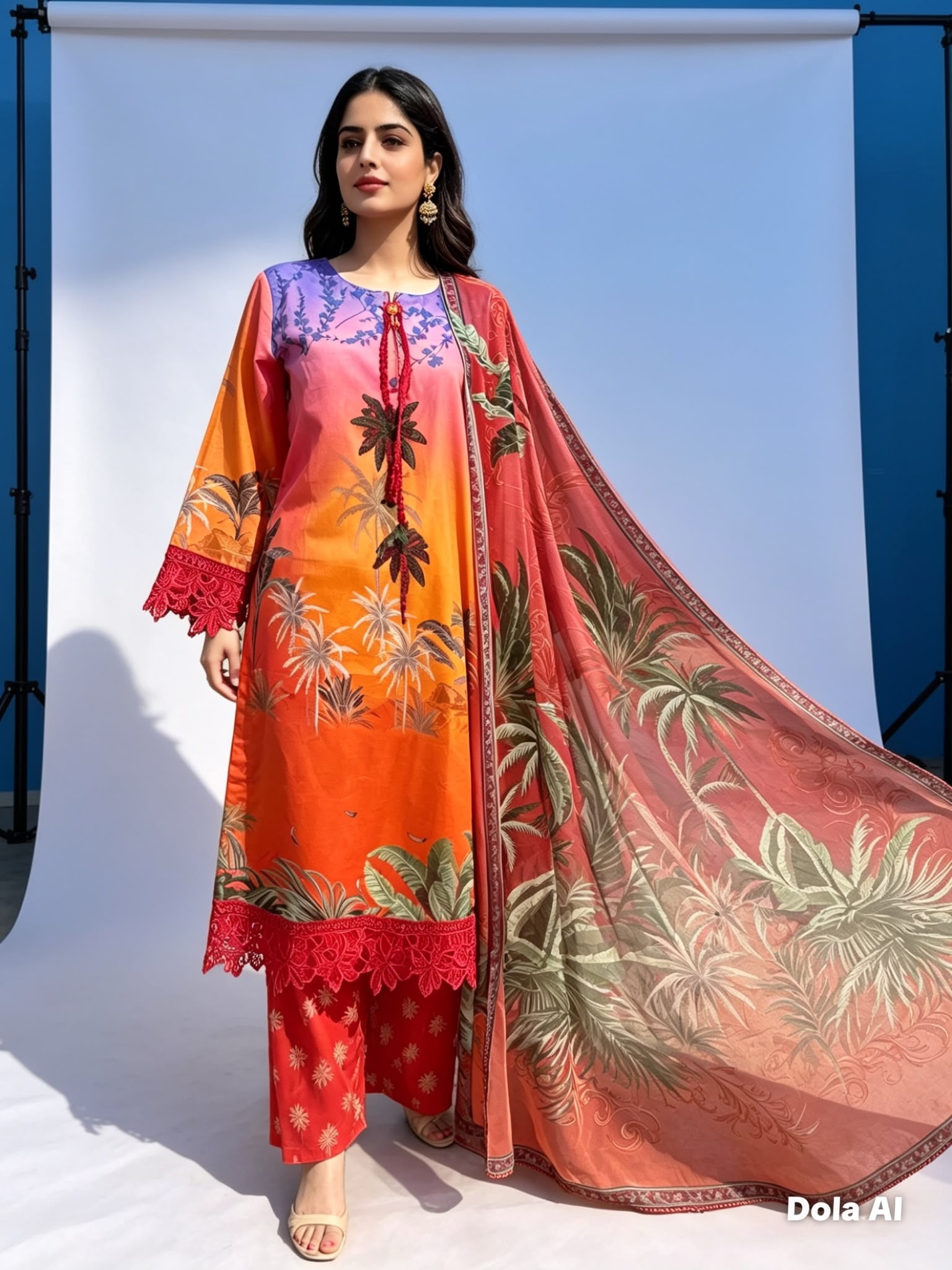 Sunset Tropics Printed Cotton Suit with Floral Dupatta